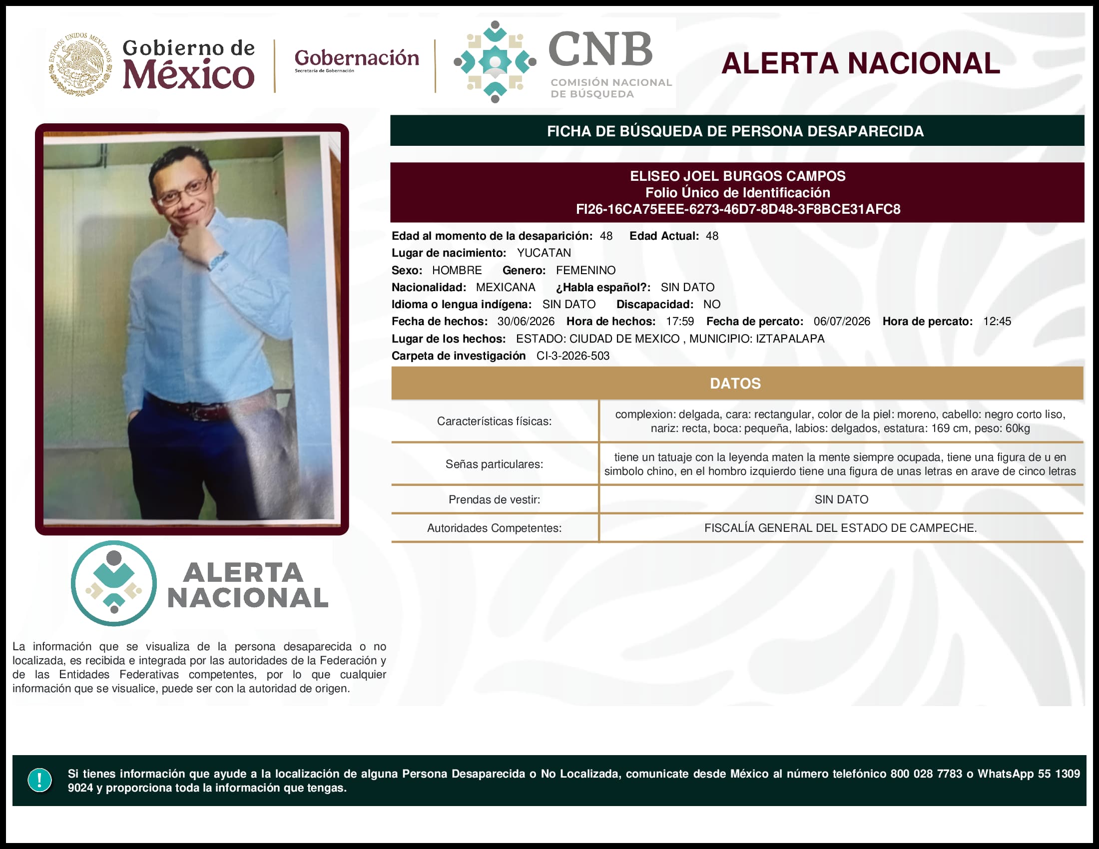 Persona desaparecida Eliseo Joel Burgos Campos