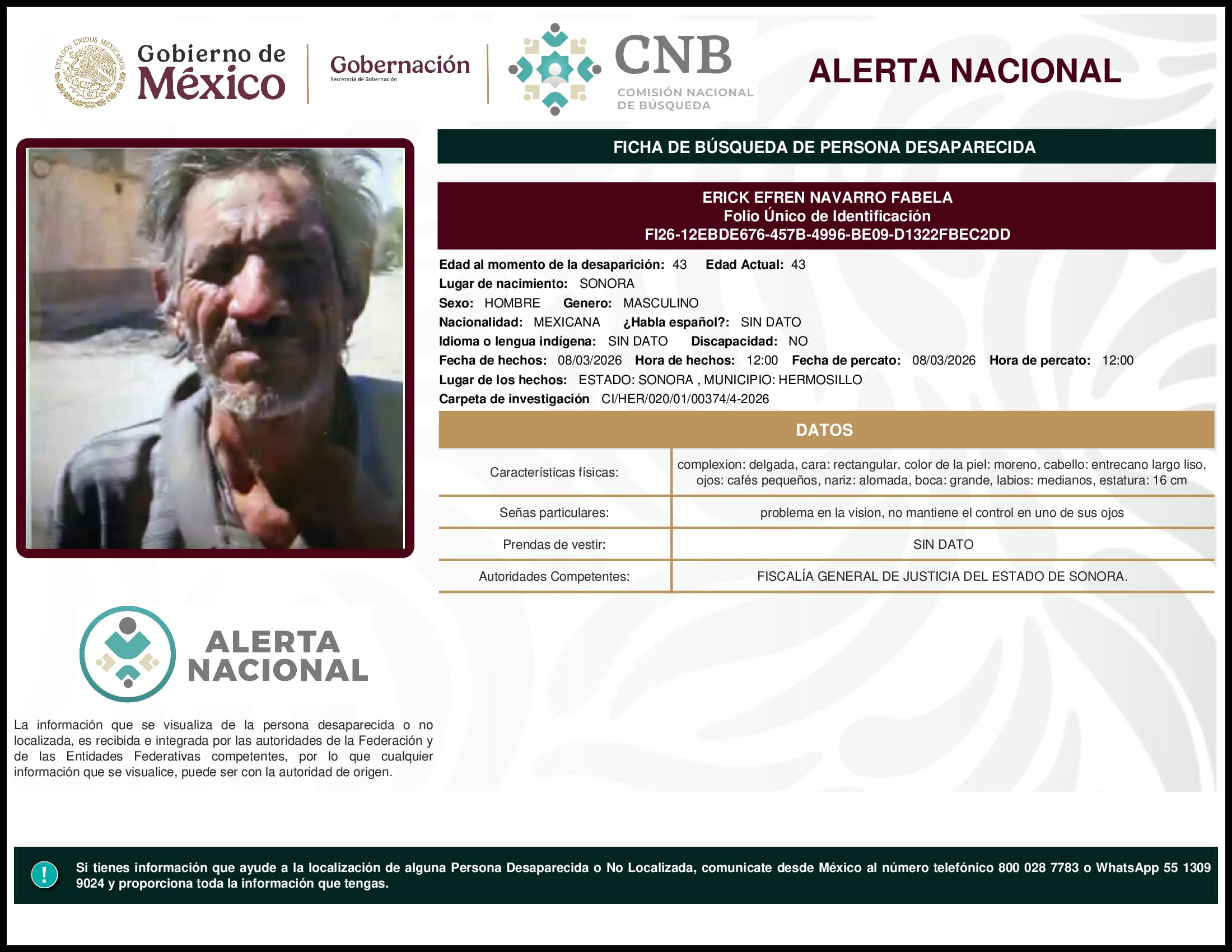 Persona desaparecida Erick Efren Navarro Fabela