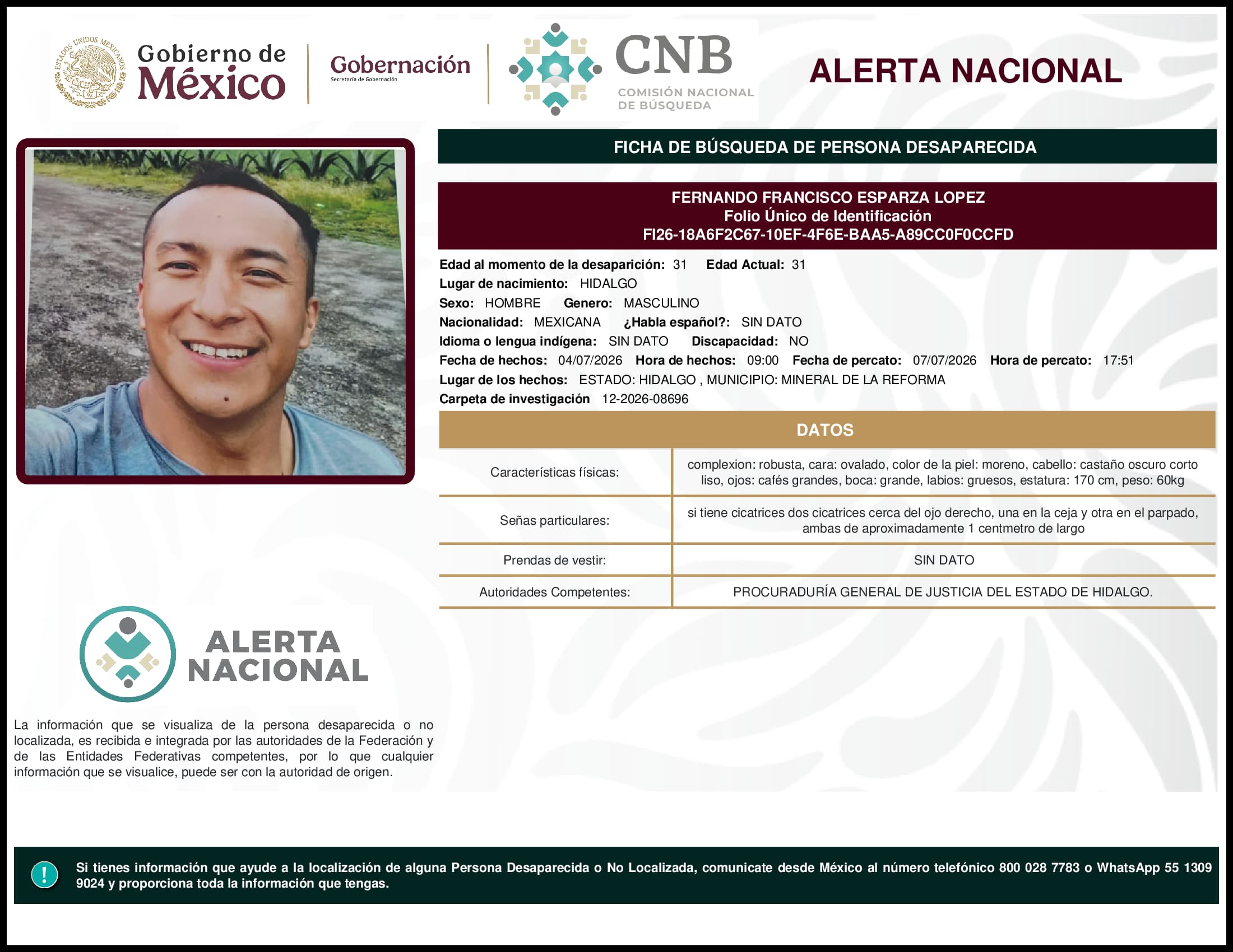 Persona desaparecida Fernando Francisco Esparza Lopez