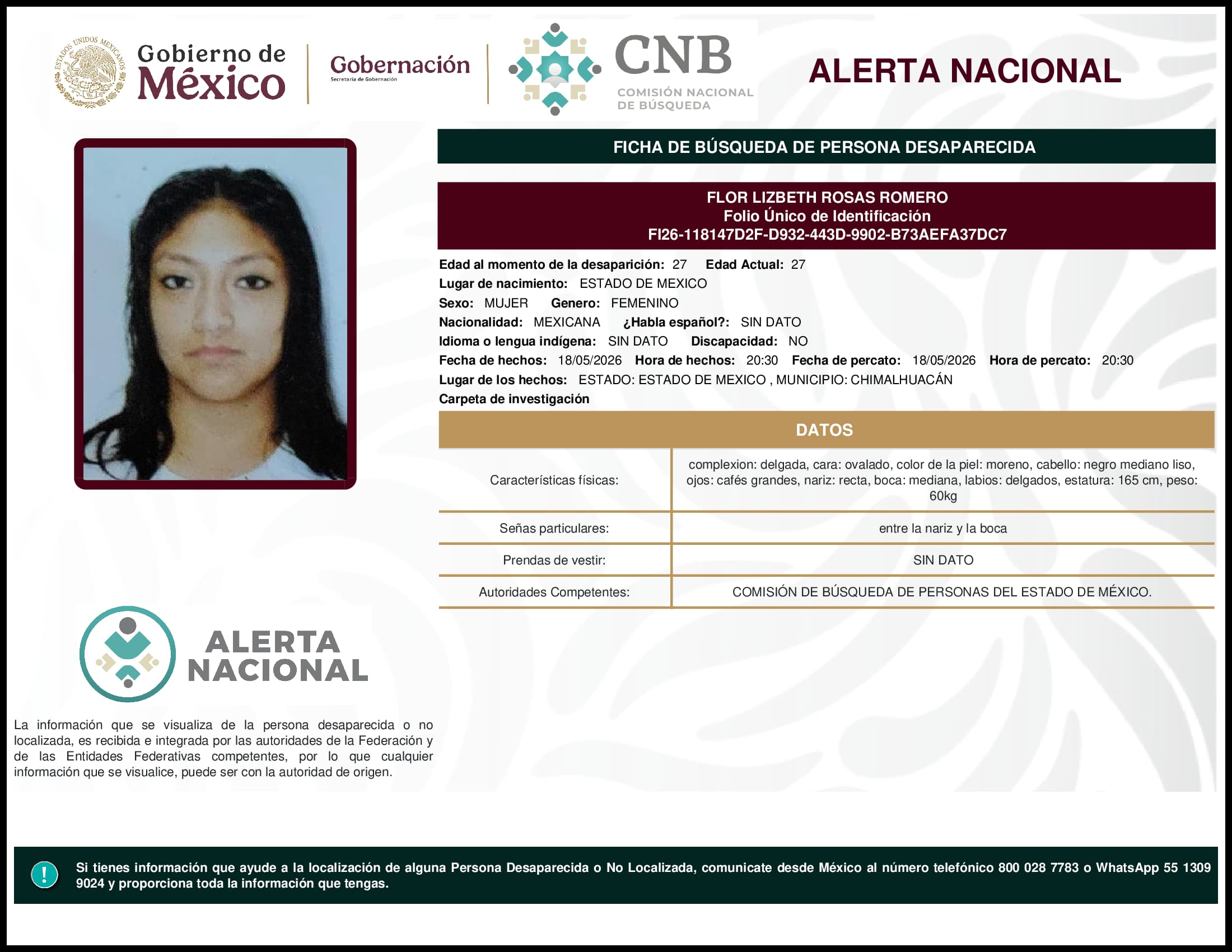Persona desaparecida Flor Lizbeth Rosas Romero
