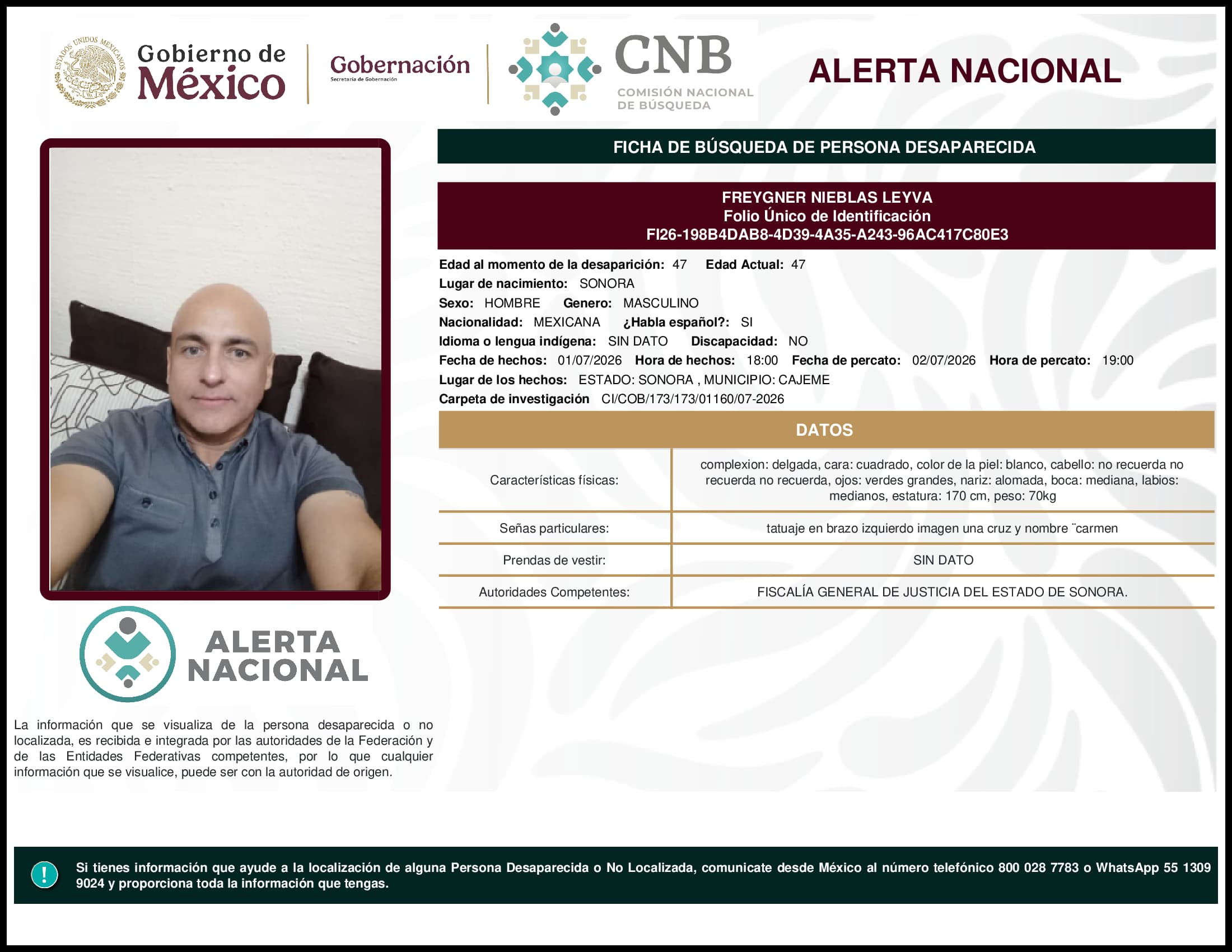 Persona desaparecida Freygner Nieblas Leyva