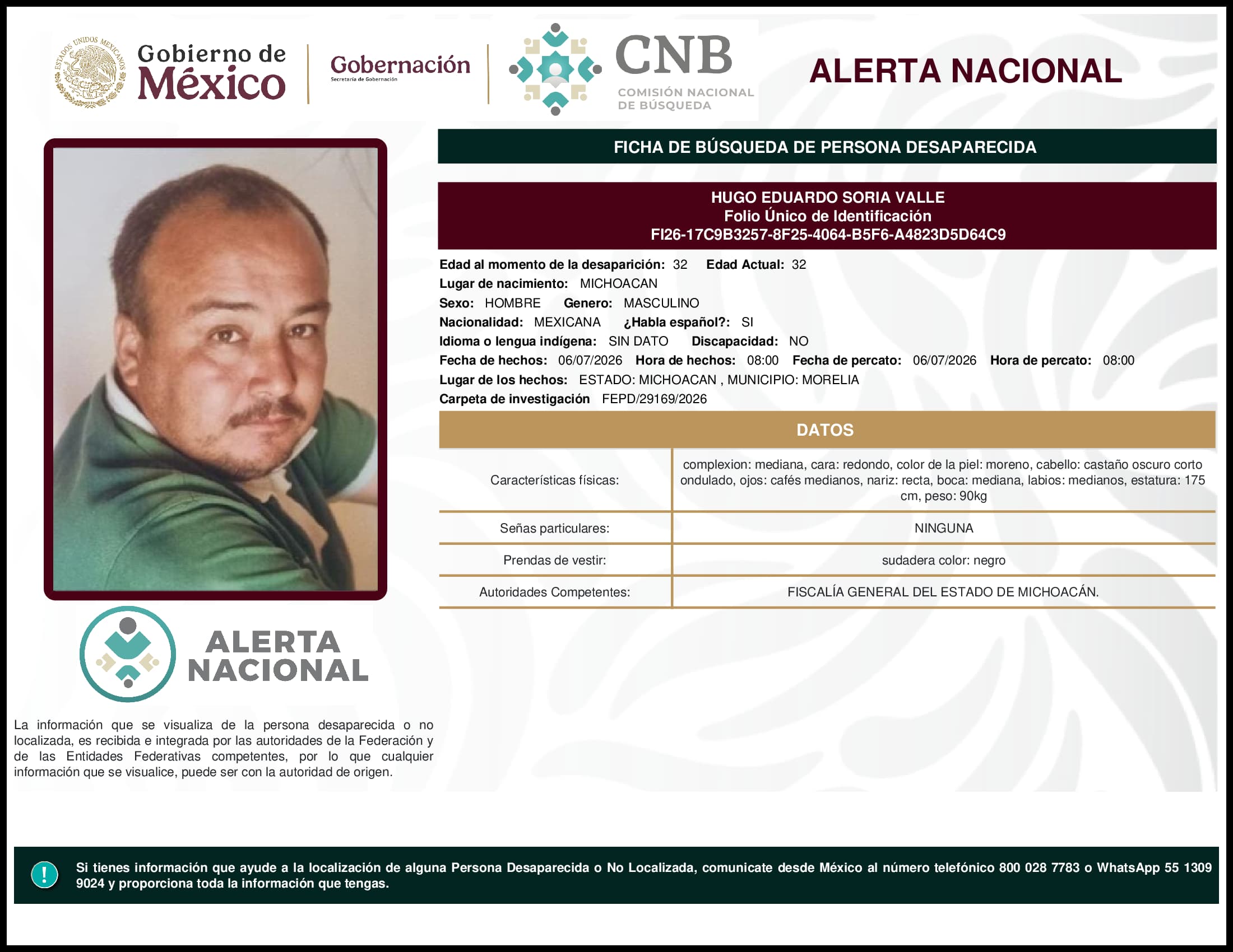Persona desaparecida Hugo Eduardo Soria Valle