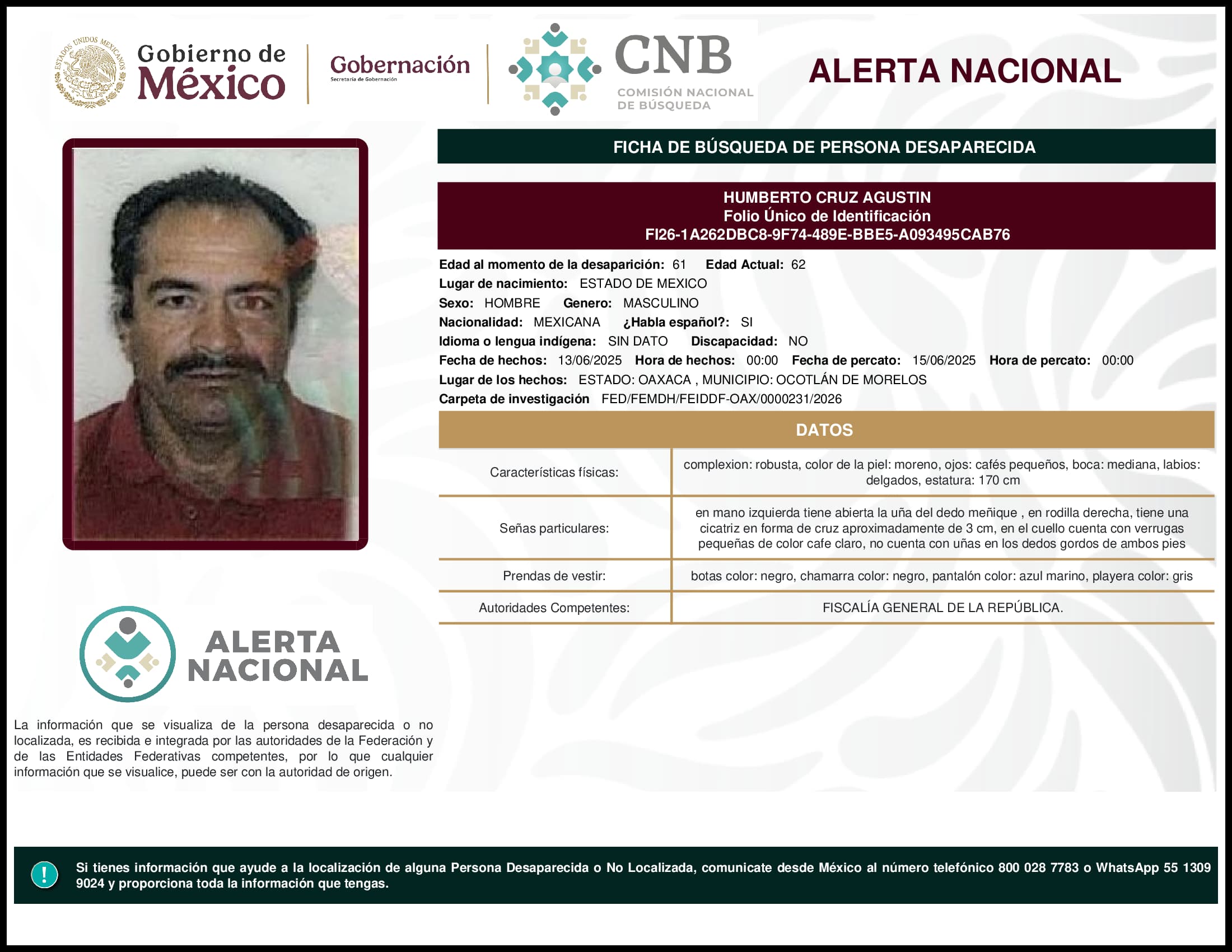 Persona desaparecida Humberto Cruz Agustin