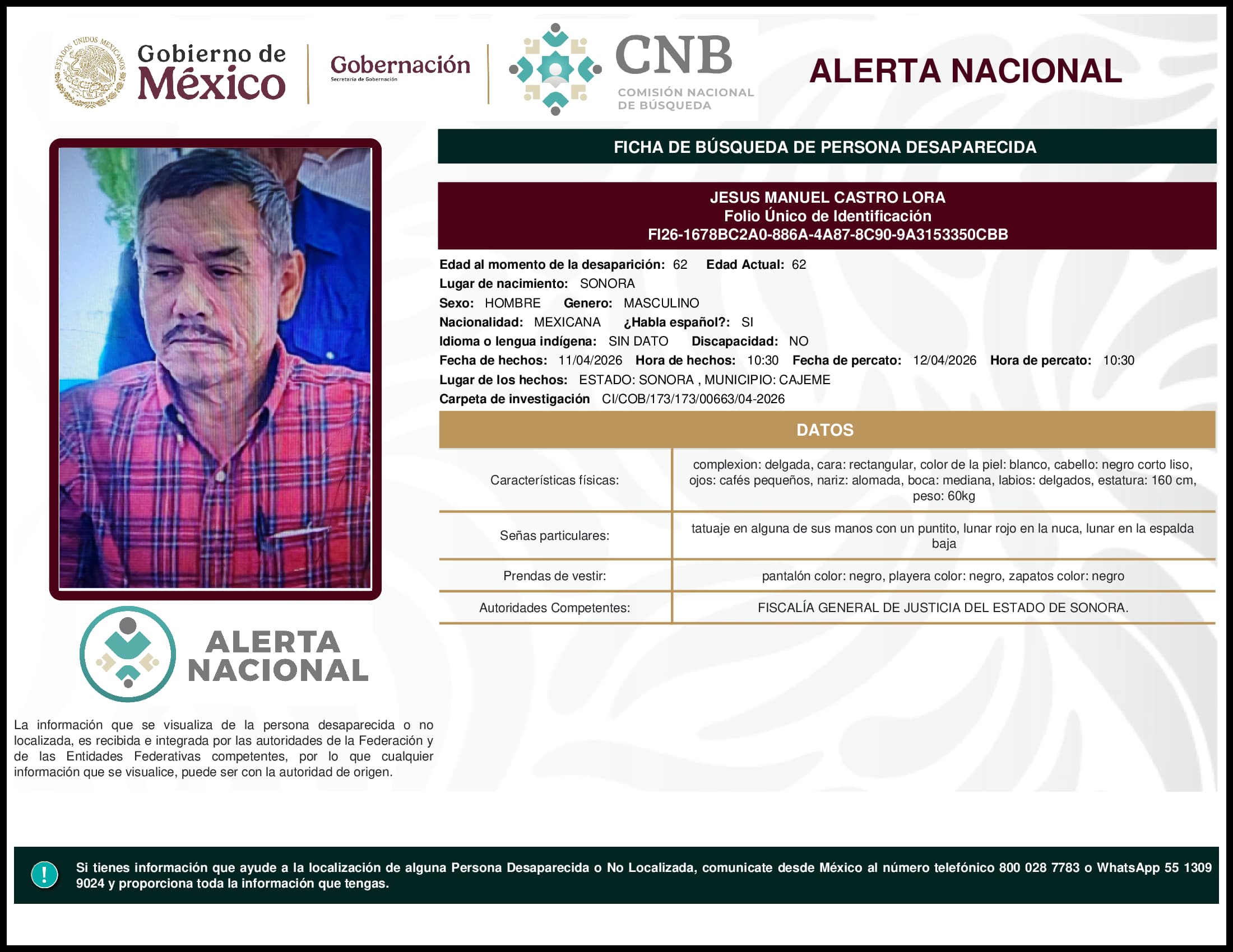 Persona desaparecida Jesus Manuel Castro Lora