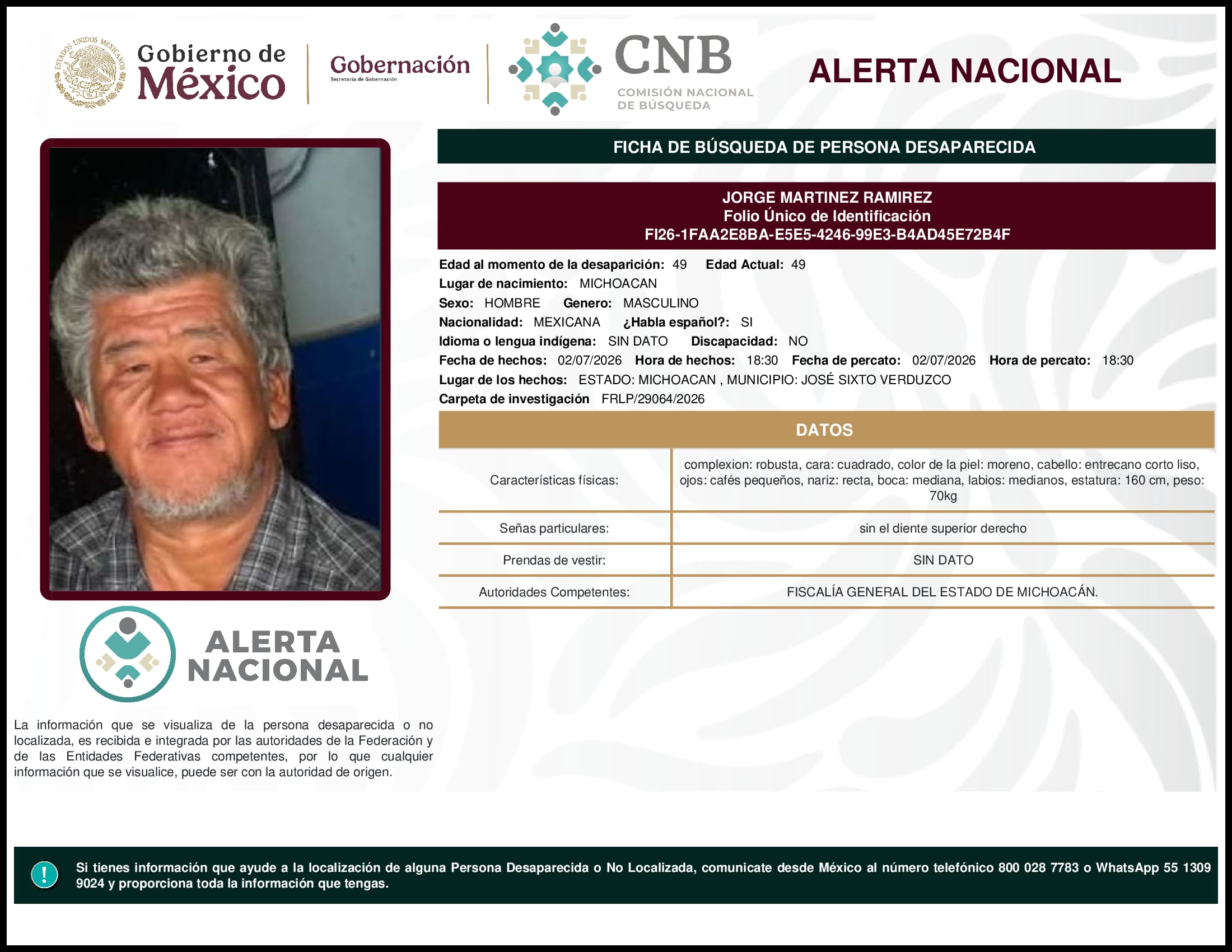 Persona desaparecida Jorge Martinez Ramirez