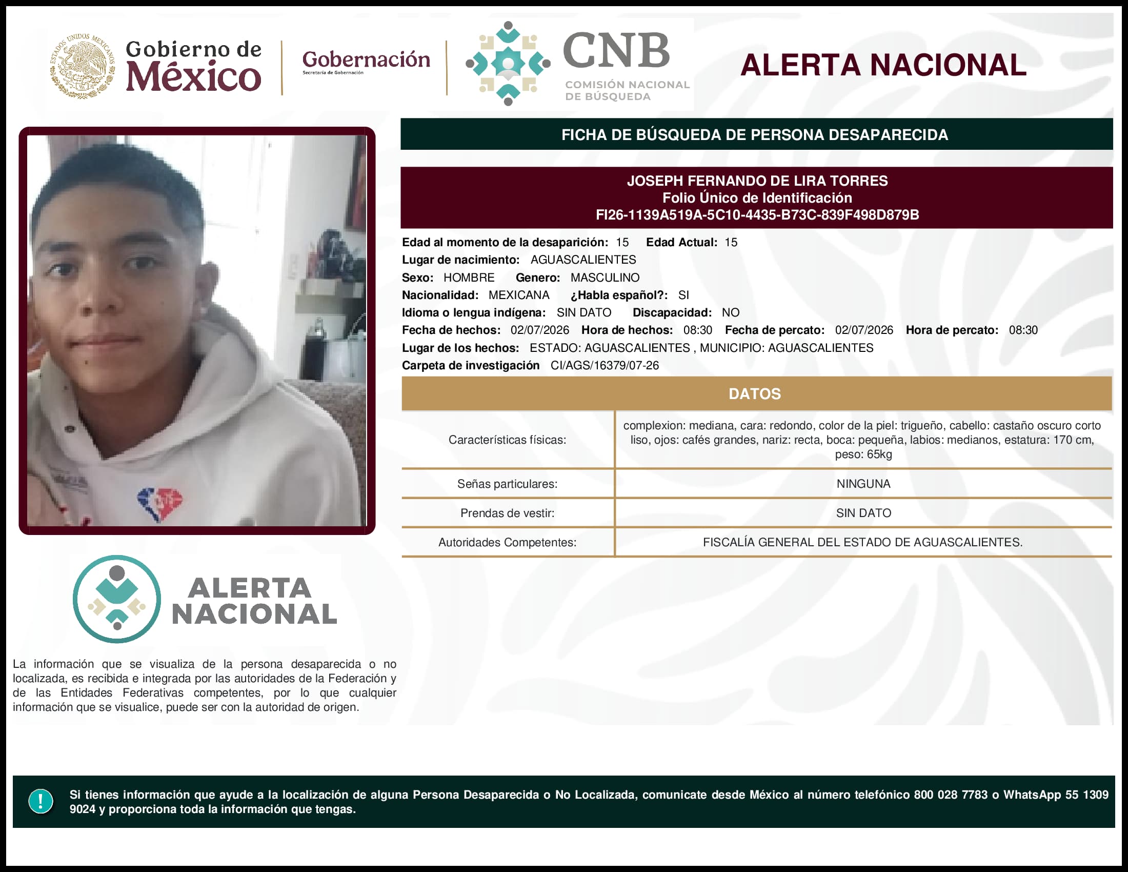 Persona desaparecida Joseph Fernando De Lira Torres