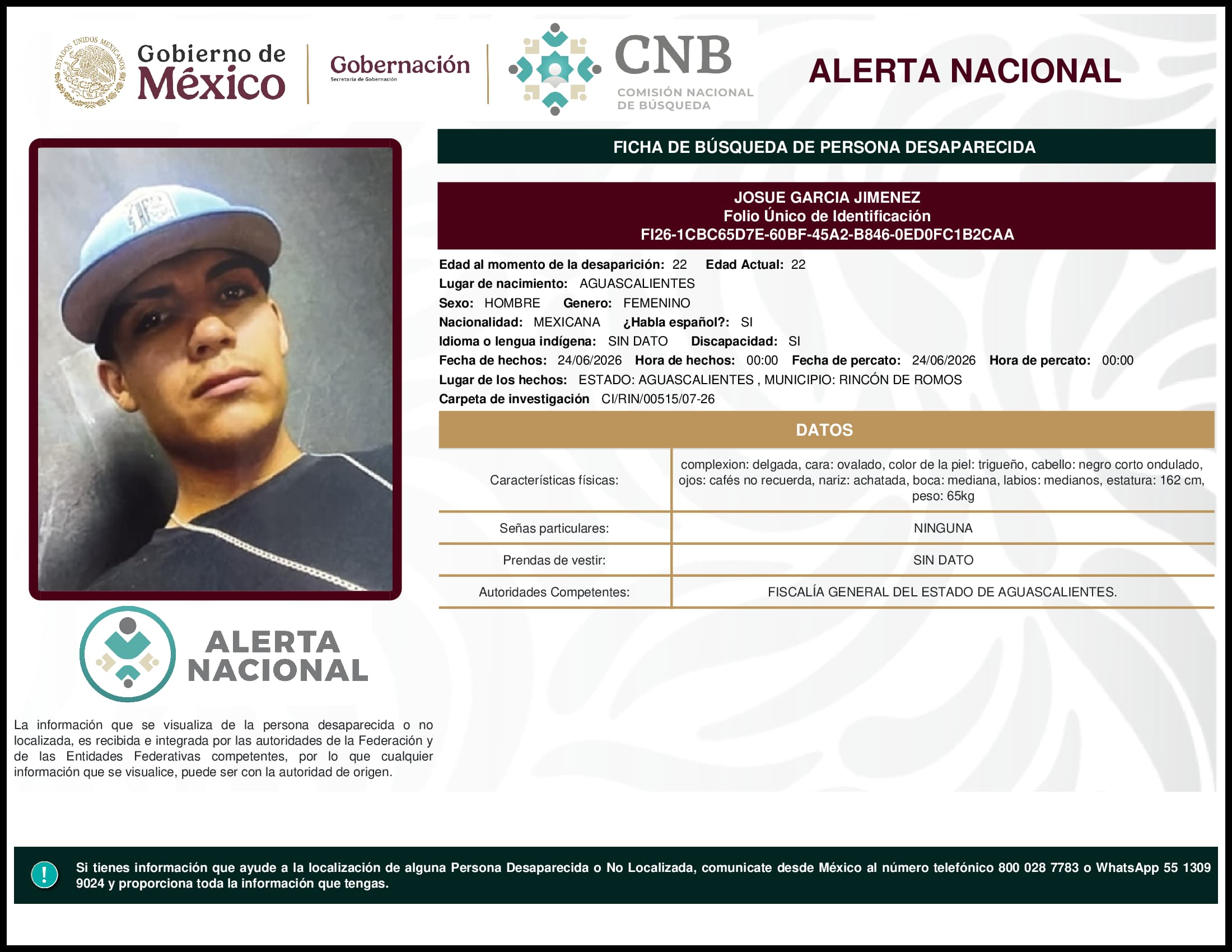 Persona desaparecida Josue Garcia Jimenez