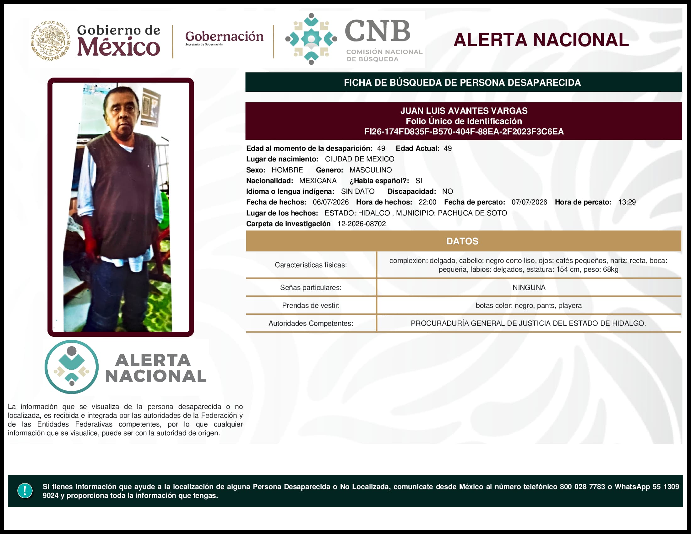 Persona desaparecida Juan Luis Avantes Vargas