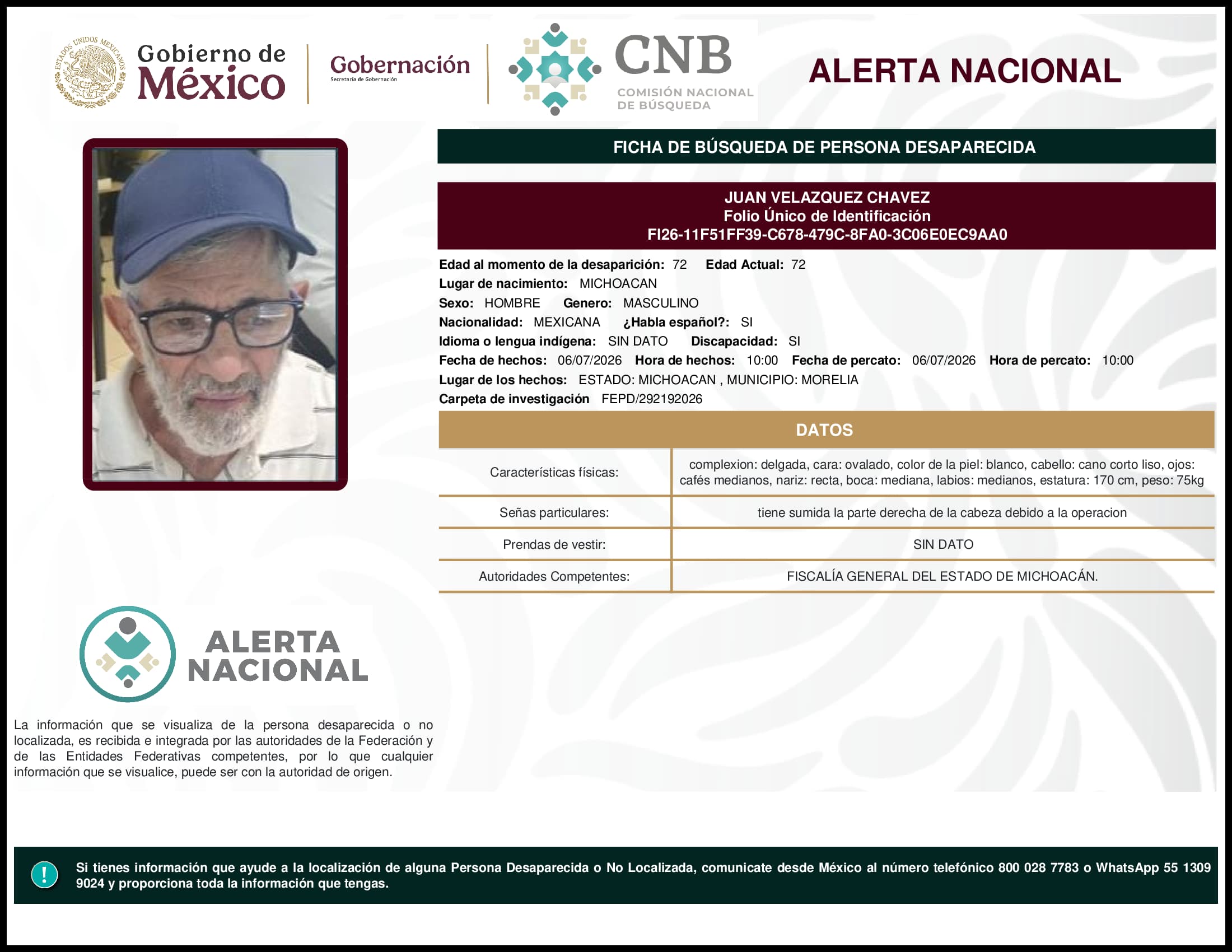 Persona desaparecida Juan Velazquez Chavez