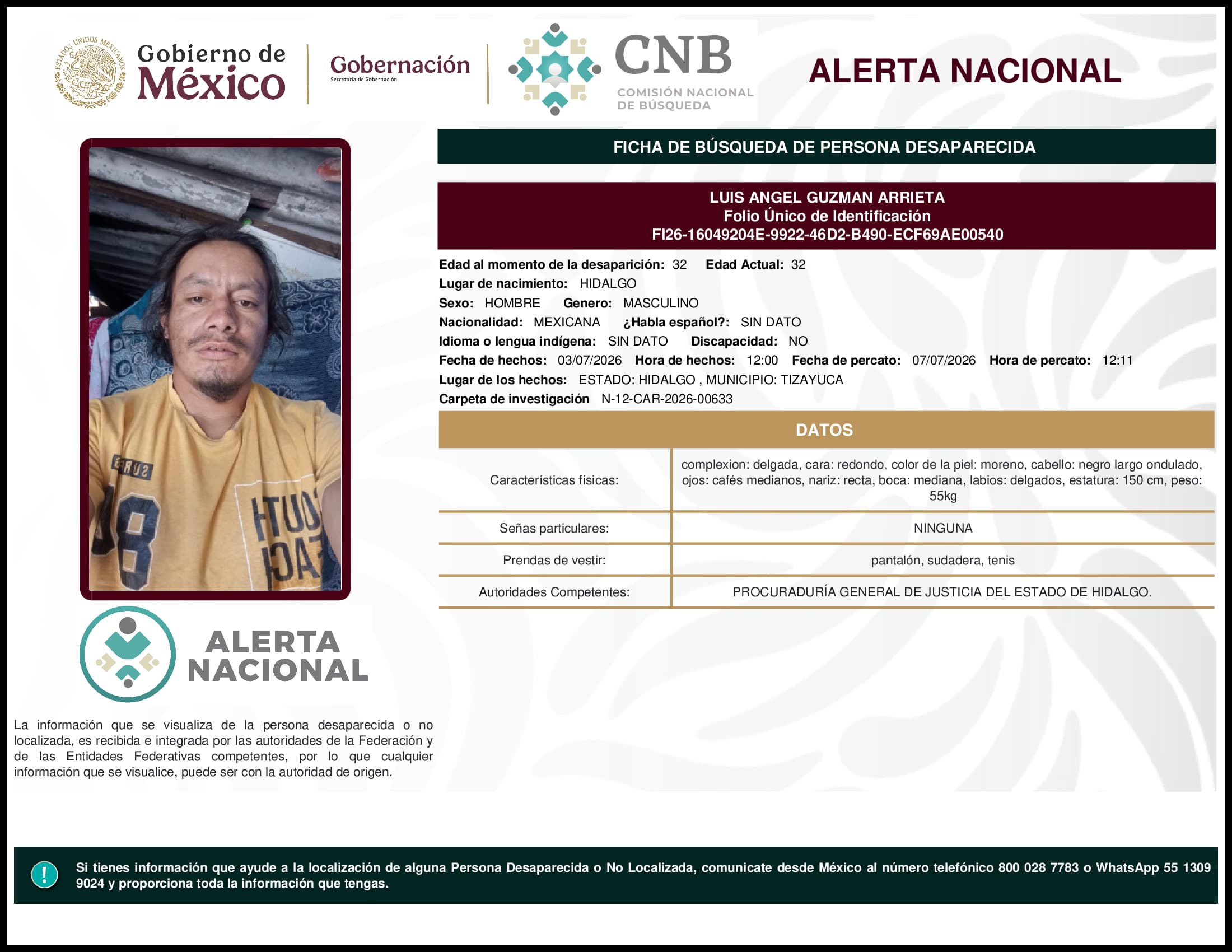 Persona desaparecida Luis Angel Guzman Arrieta
