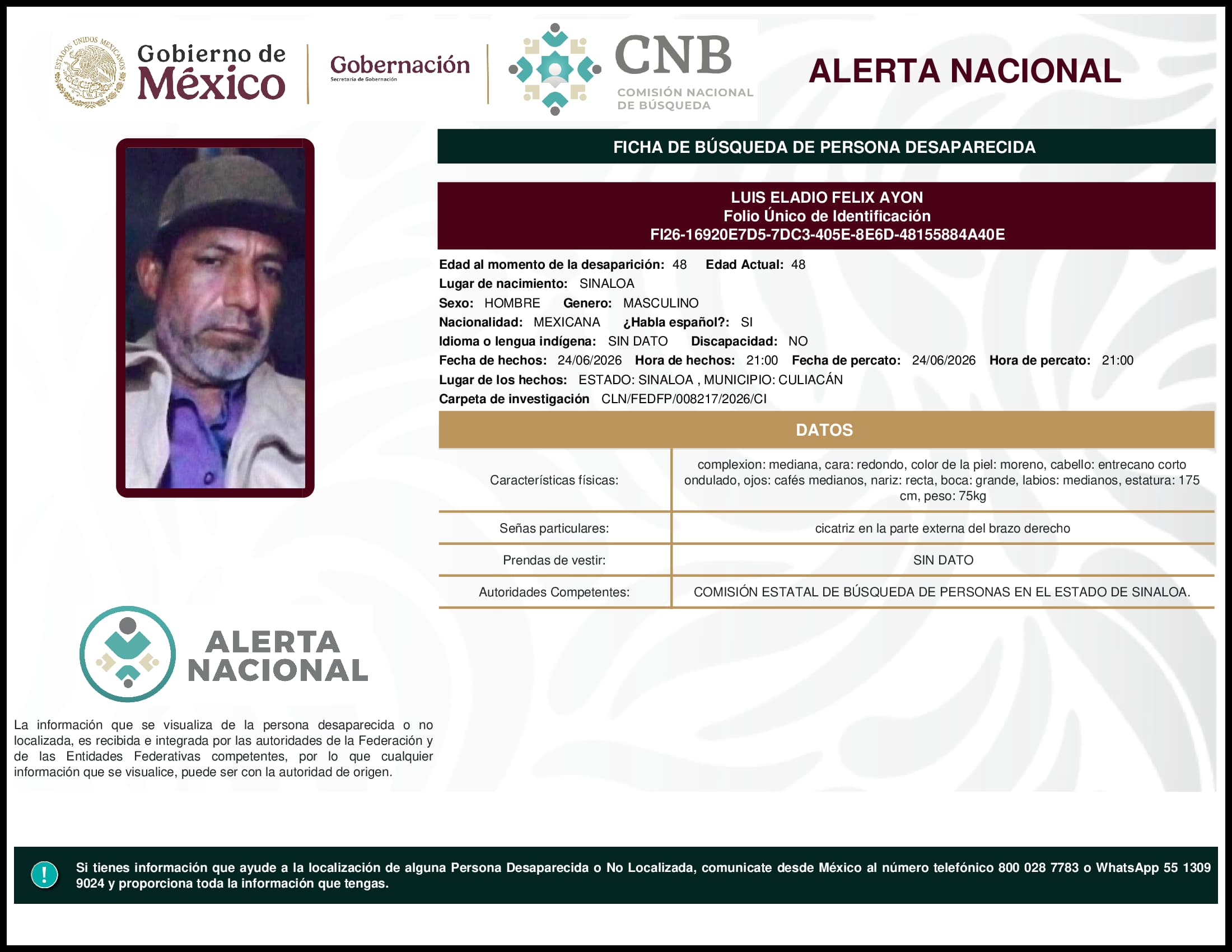 Persona desaparecida Luis Eladio Felix Ayon