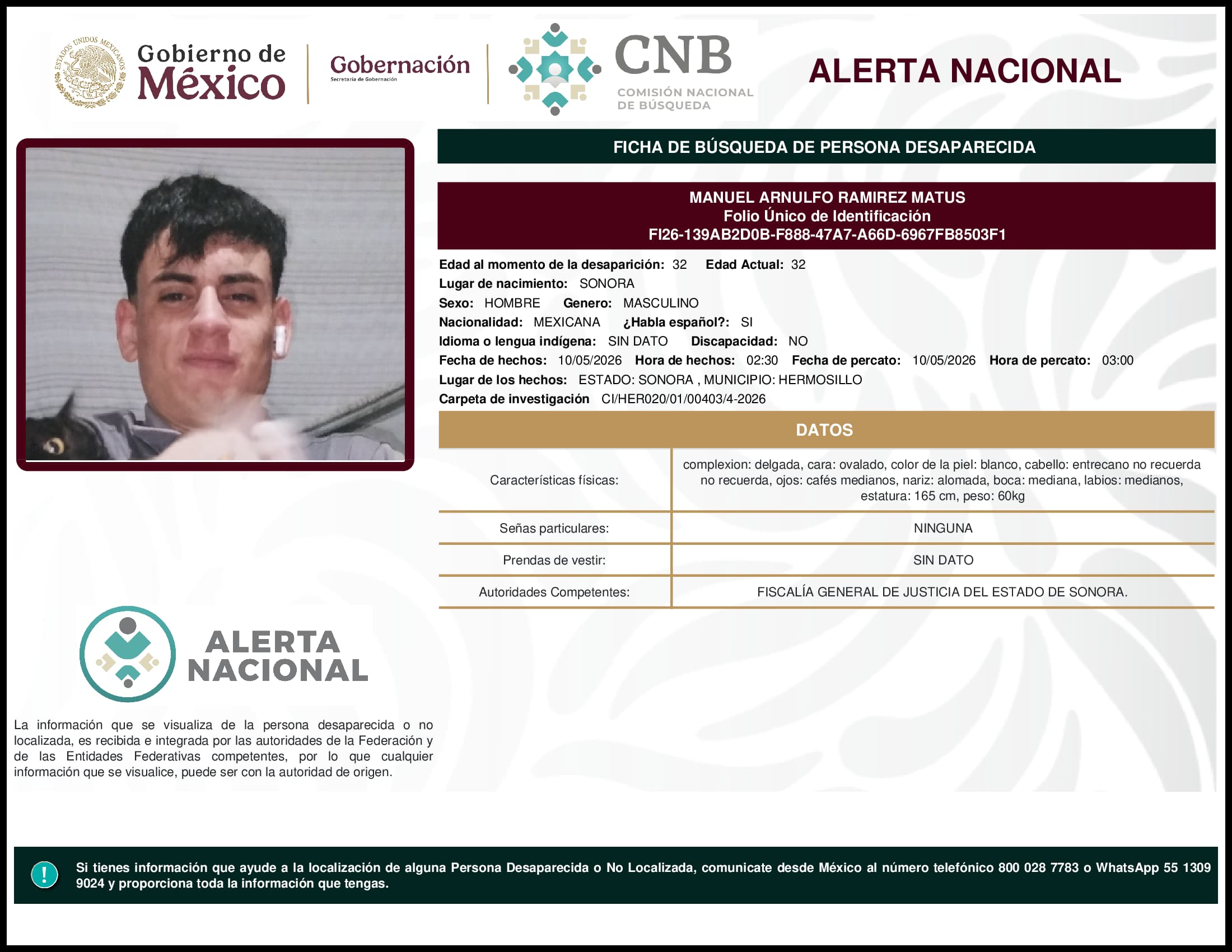 Persona desaparecida Manuel Arnulfo Ramirez Matus
