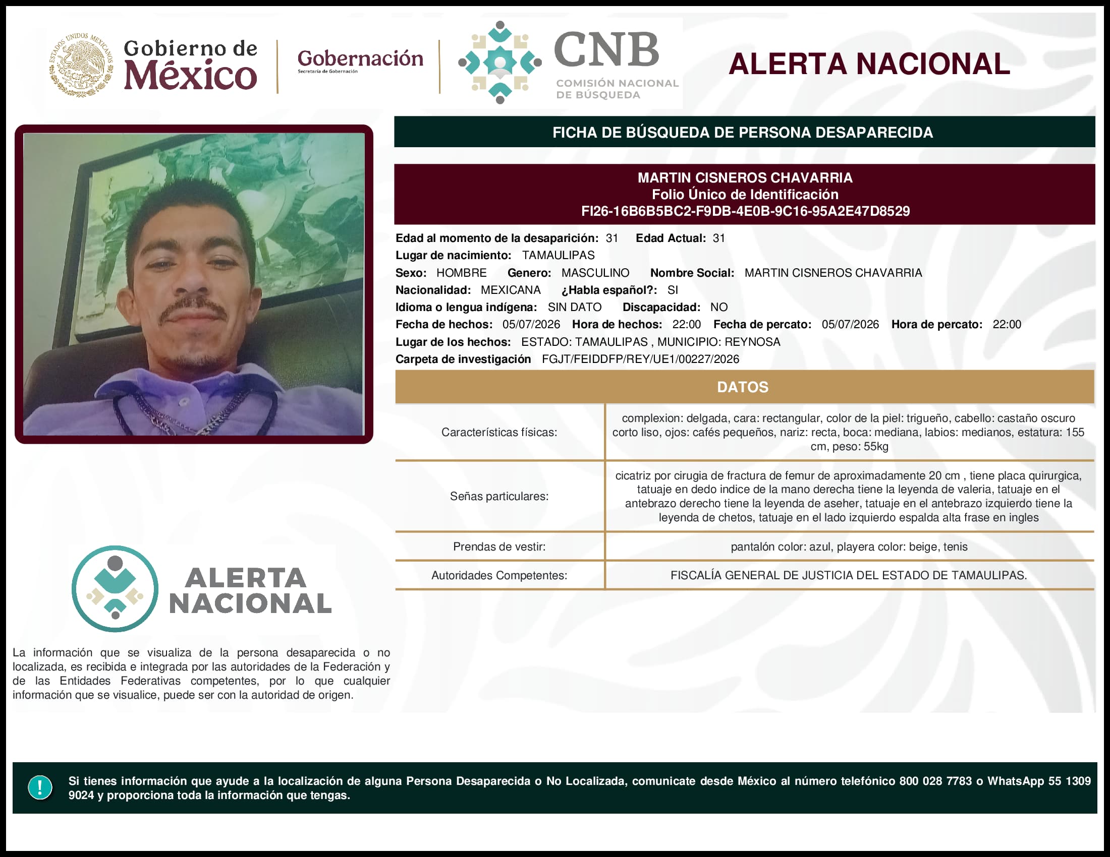 Persona desaparecida Martin Cisneros Chavarria