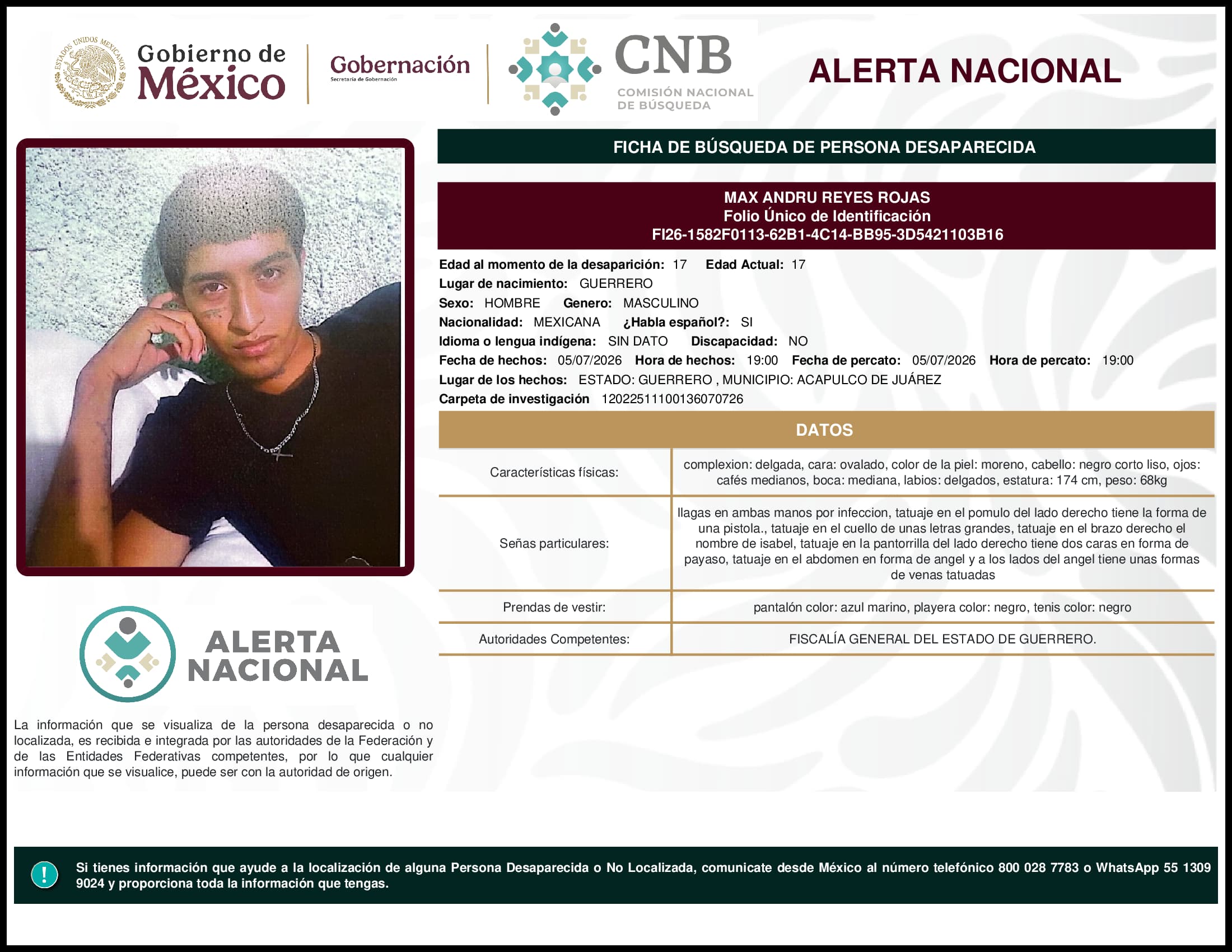 Persona desaparecida Max Andru Reyes Rojas