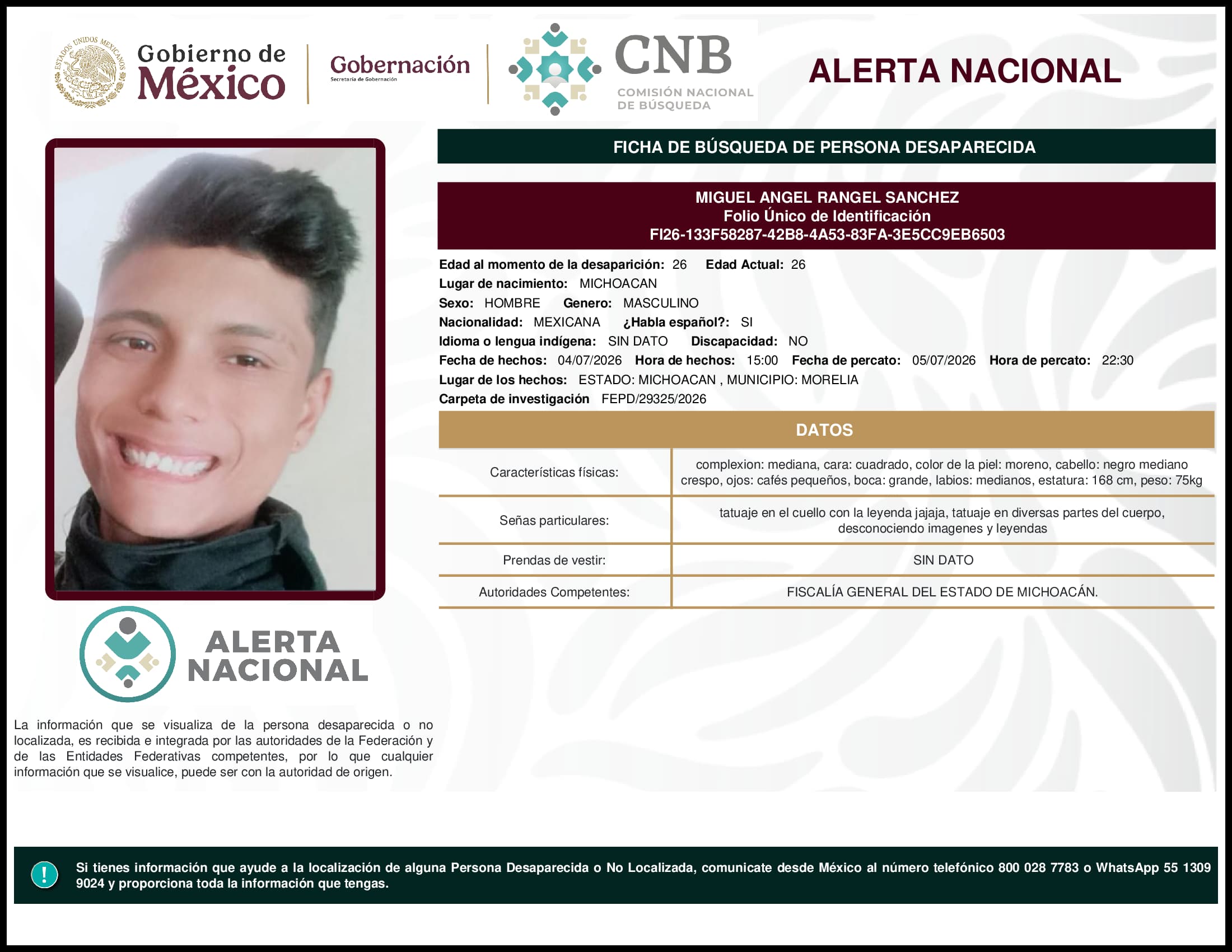 Persona desaparecida Miguel Angel Rangel Sanchez