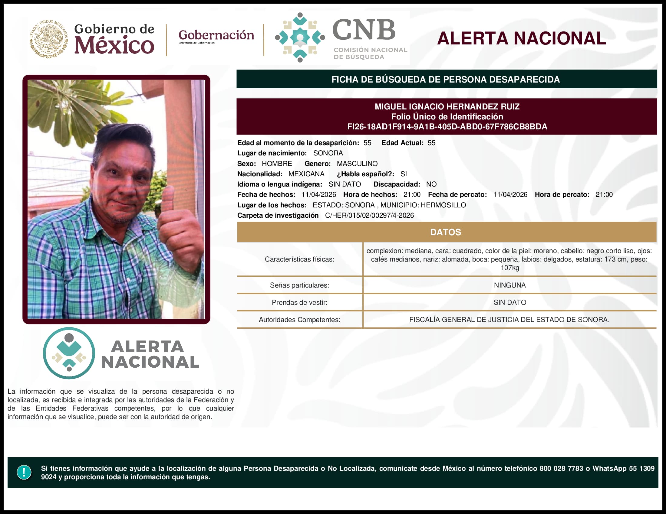 Persona desaparecida Miguel Ignacio Hernandez Ruiz