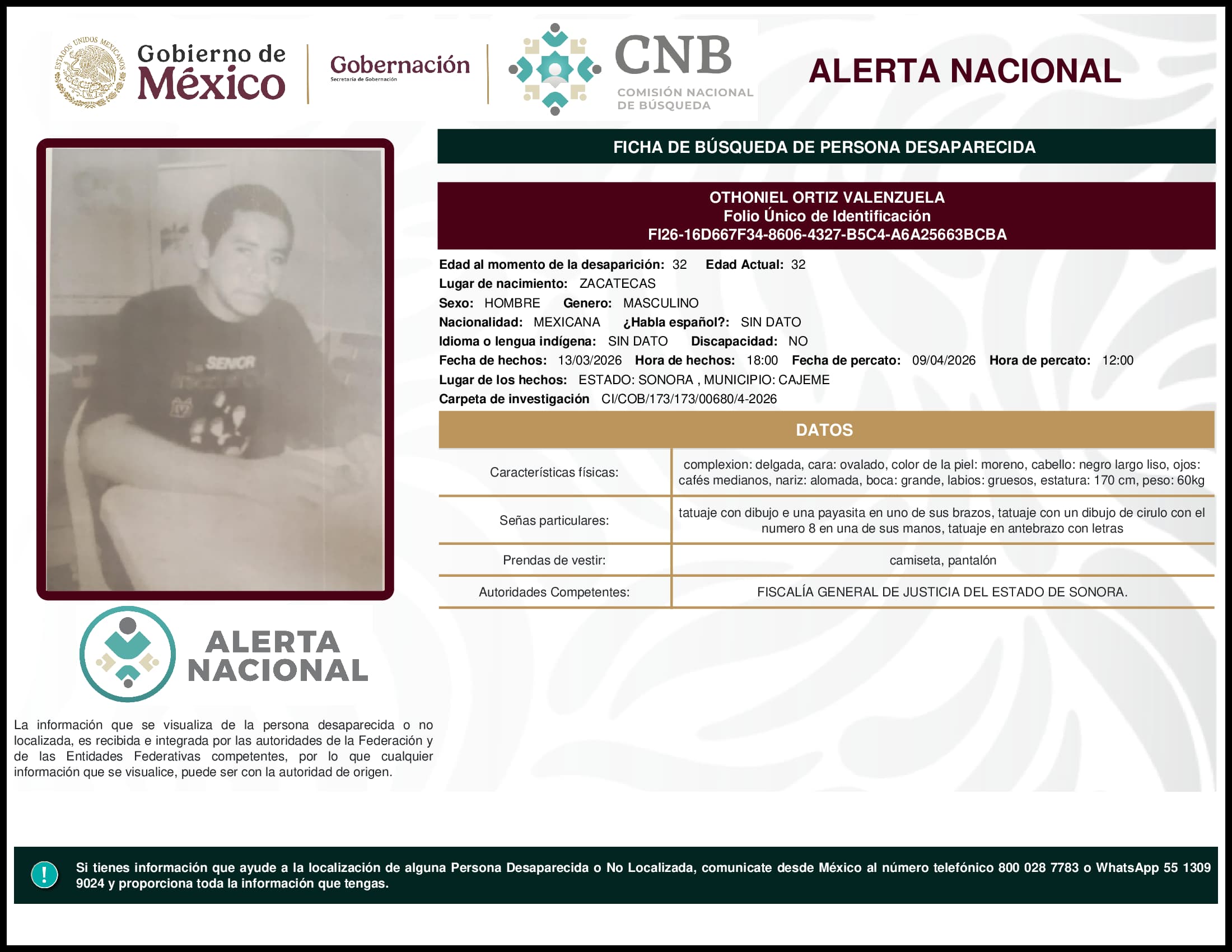 Persona desaparecida Othoniel Ortiz Valenzuela