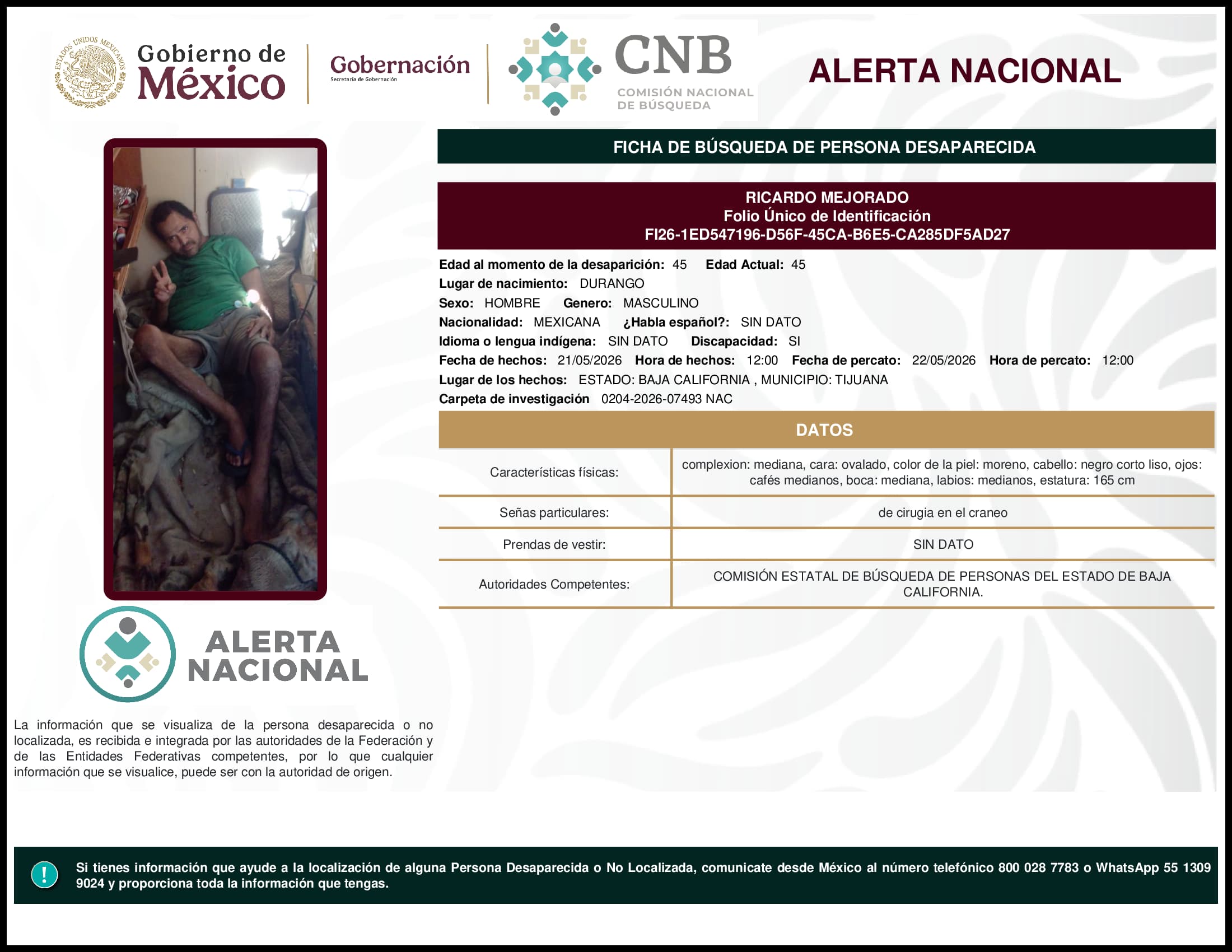 Persona desaparecida Ricardo Mejorado