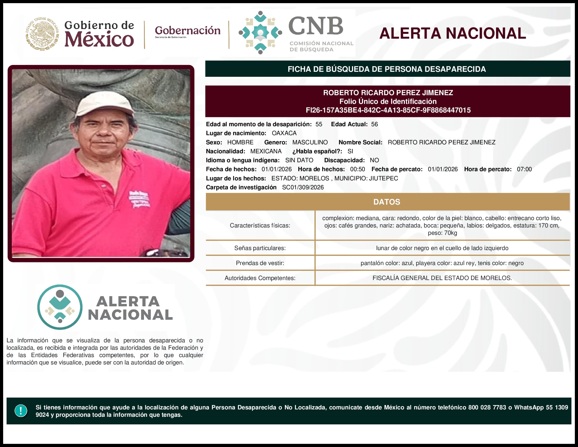 Persona desaparecida Roberto Ricardo Perez Jimenez