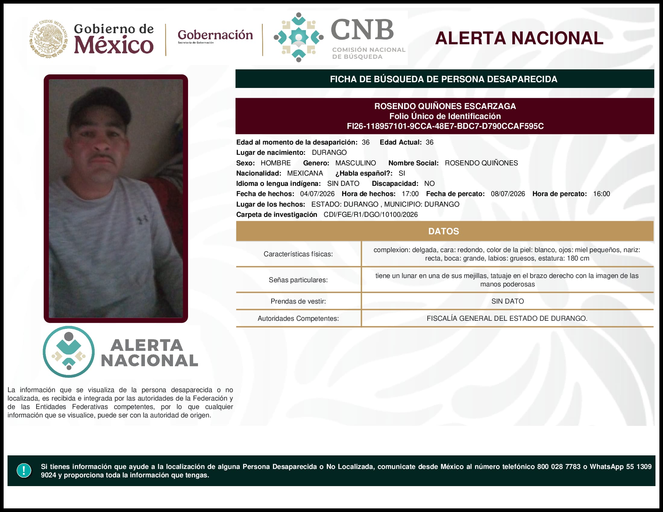 Persona desaparecida Rosendo Quinones Escarzaga