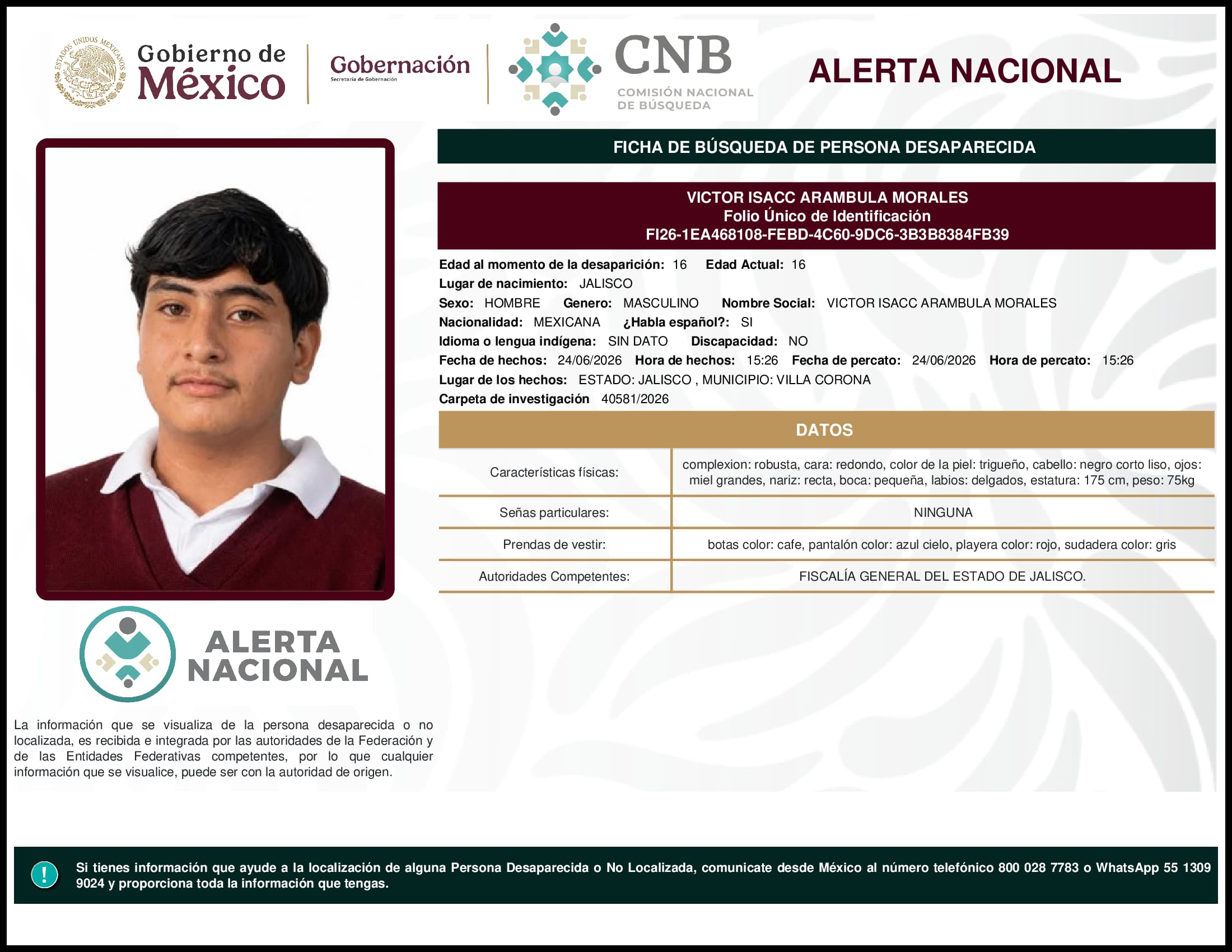 Persona desaparecida Victor Isacc Arambula Morales