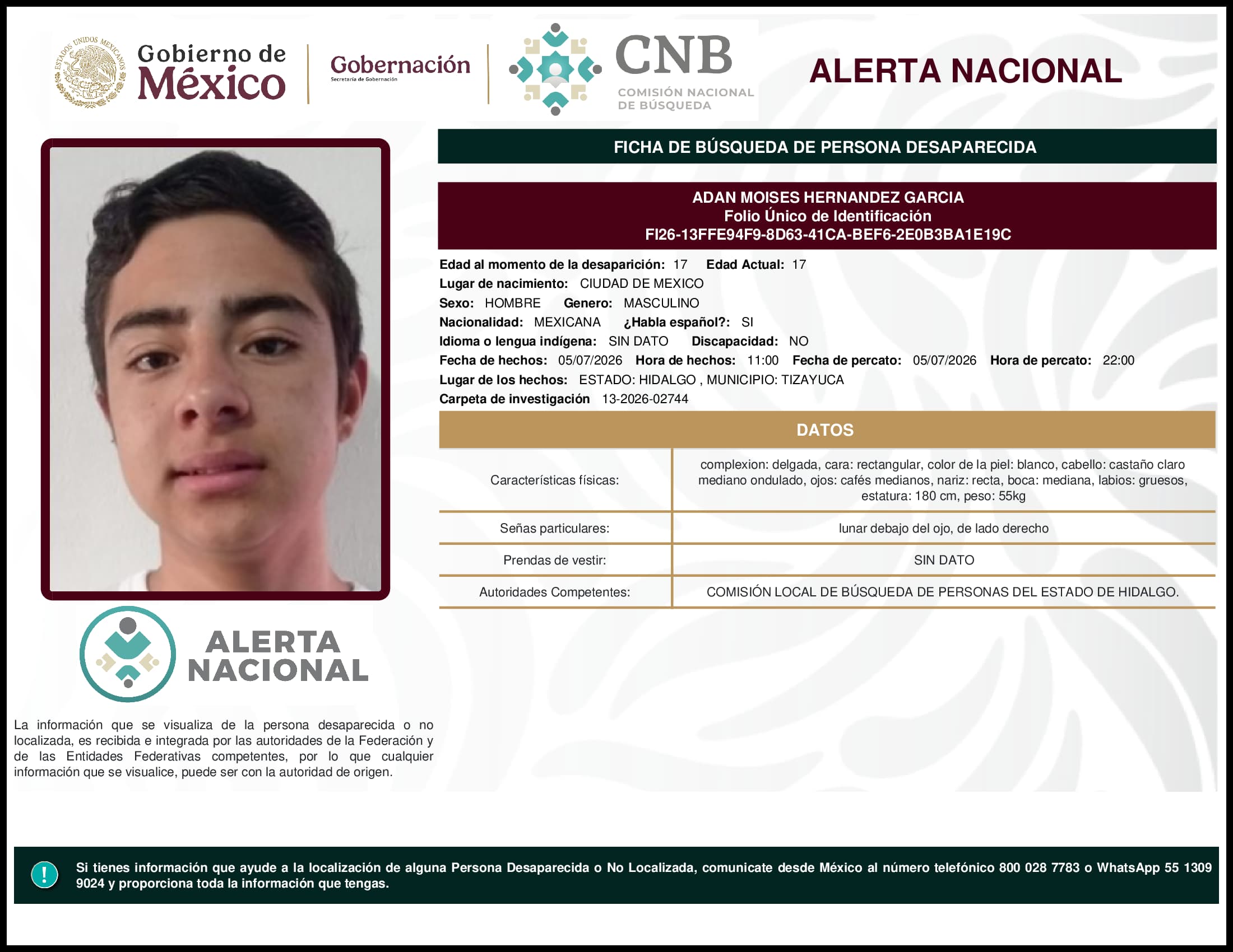 Persona desaparecida Adan Moises Hernandez Garcia