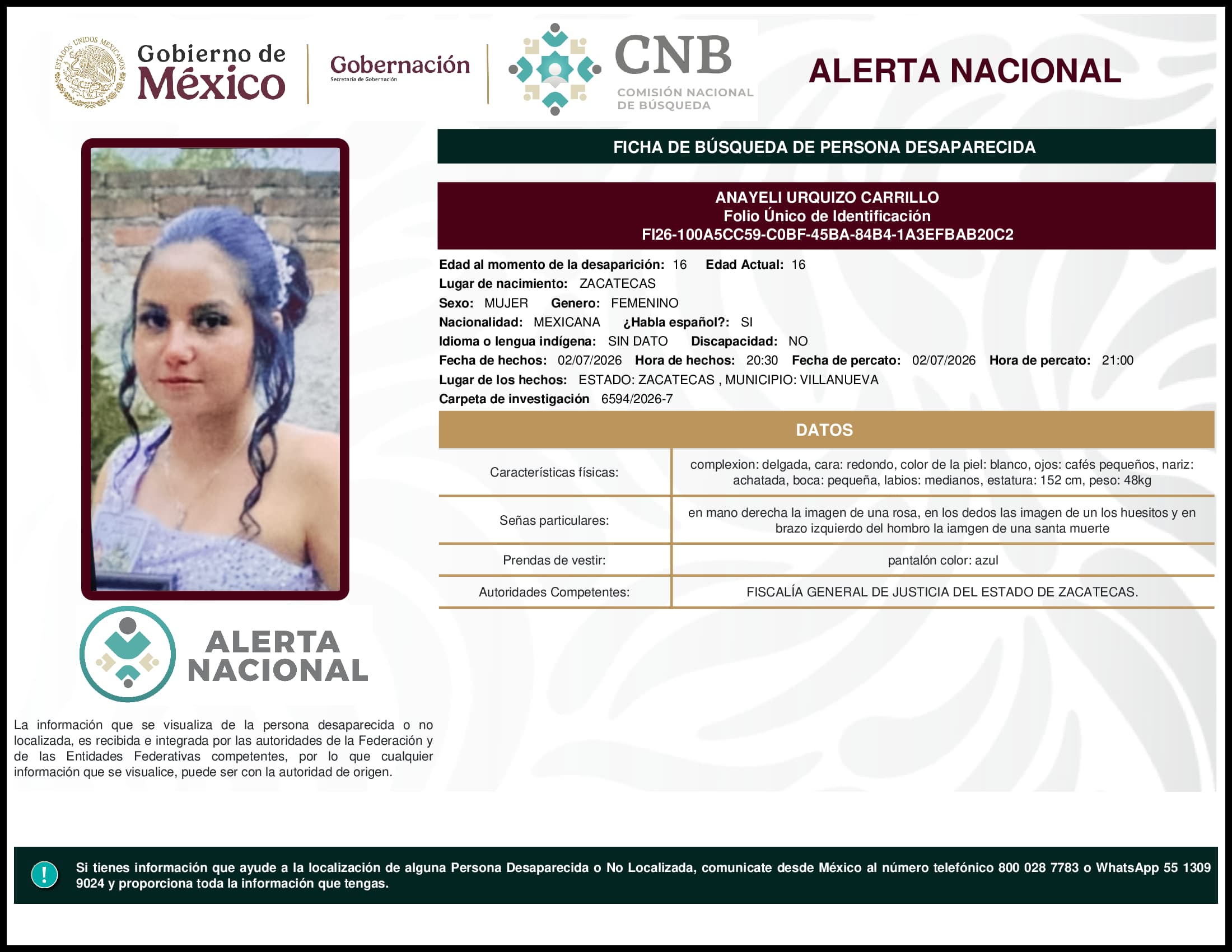 Persona desaparecida Anayeli Urquizo Carrillo