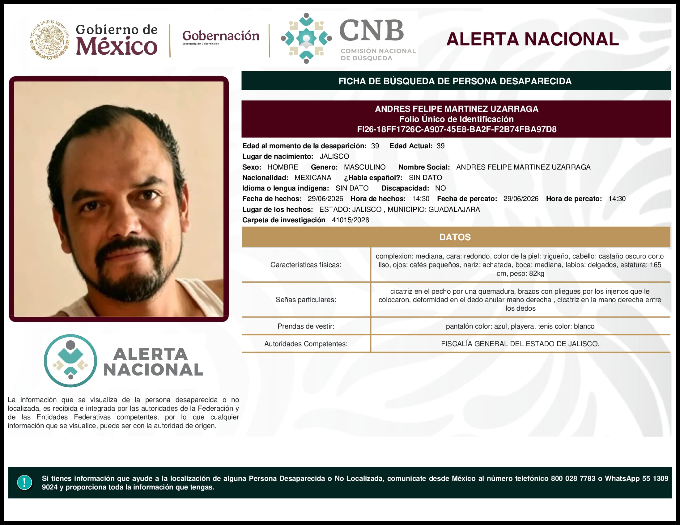 Persona desaparecida Andres Felipe Martinez Uzarraga