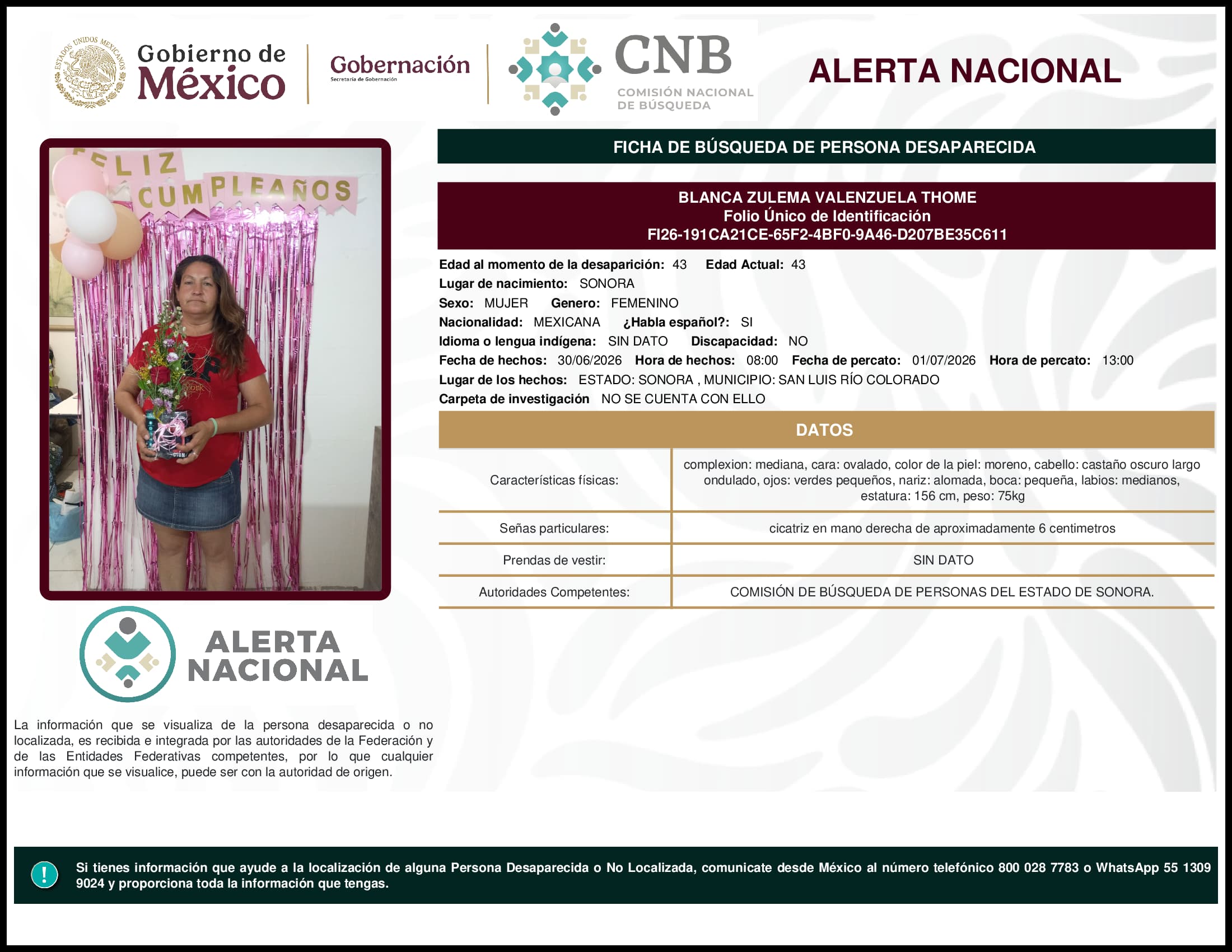 Persona desaparecida Blanca Zulema Valenzuela Thome
