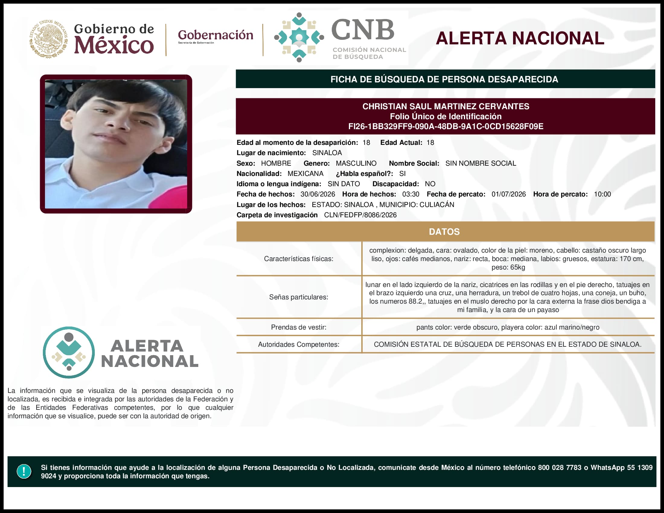 Persona desaparecida Christian Saul Martinez Cervantes