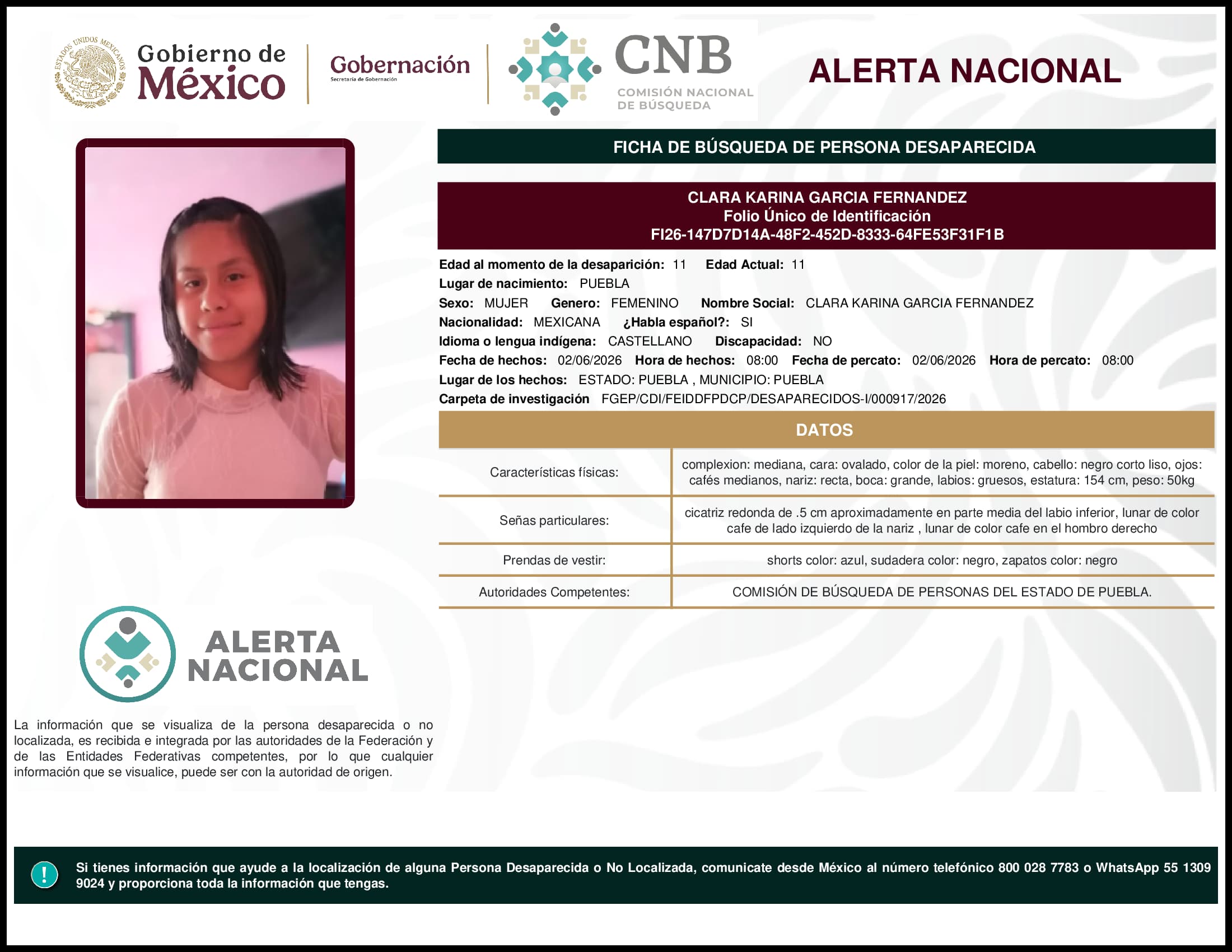 Persona desaparecida Clara Karina Garcia Fernandez