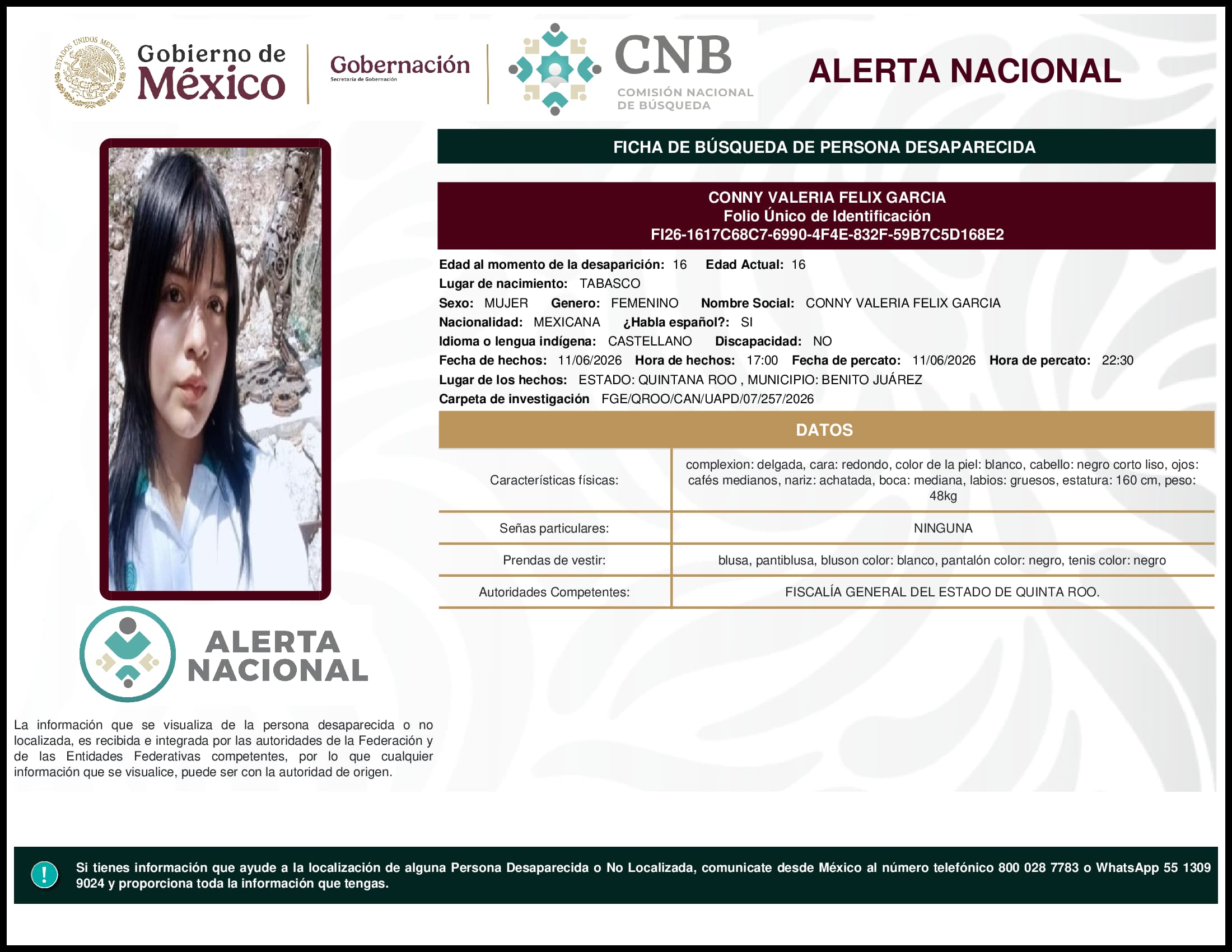 Persona desaparecida Conny Valeria Felix Garcia