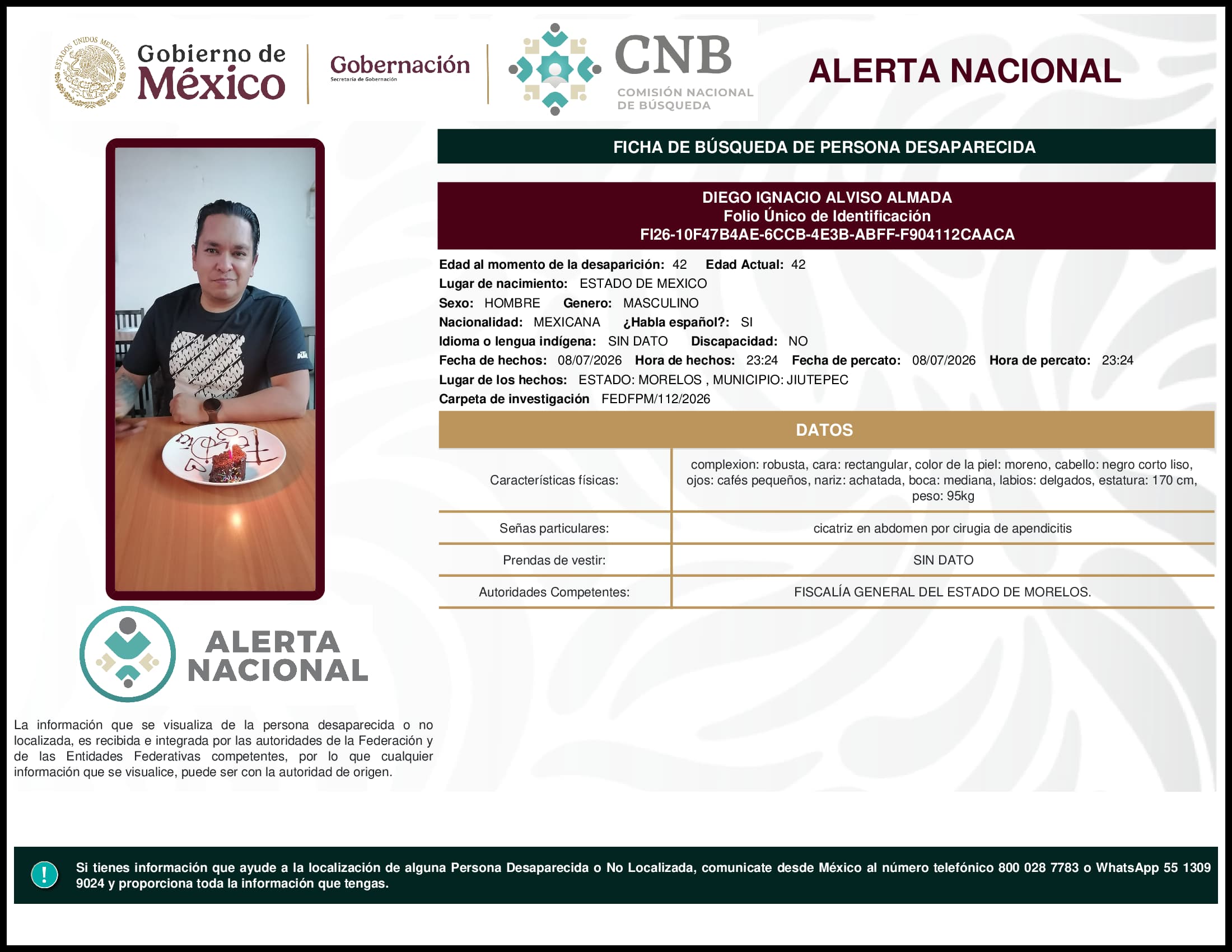 Persona desaparecida Diego Ignacio Alviso Almada