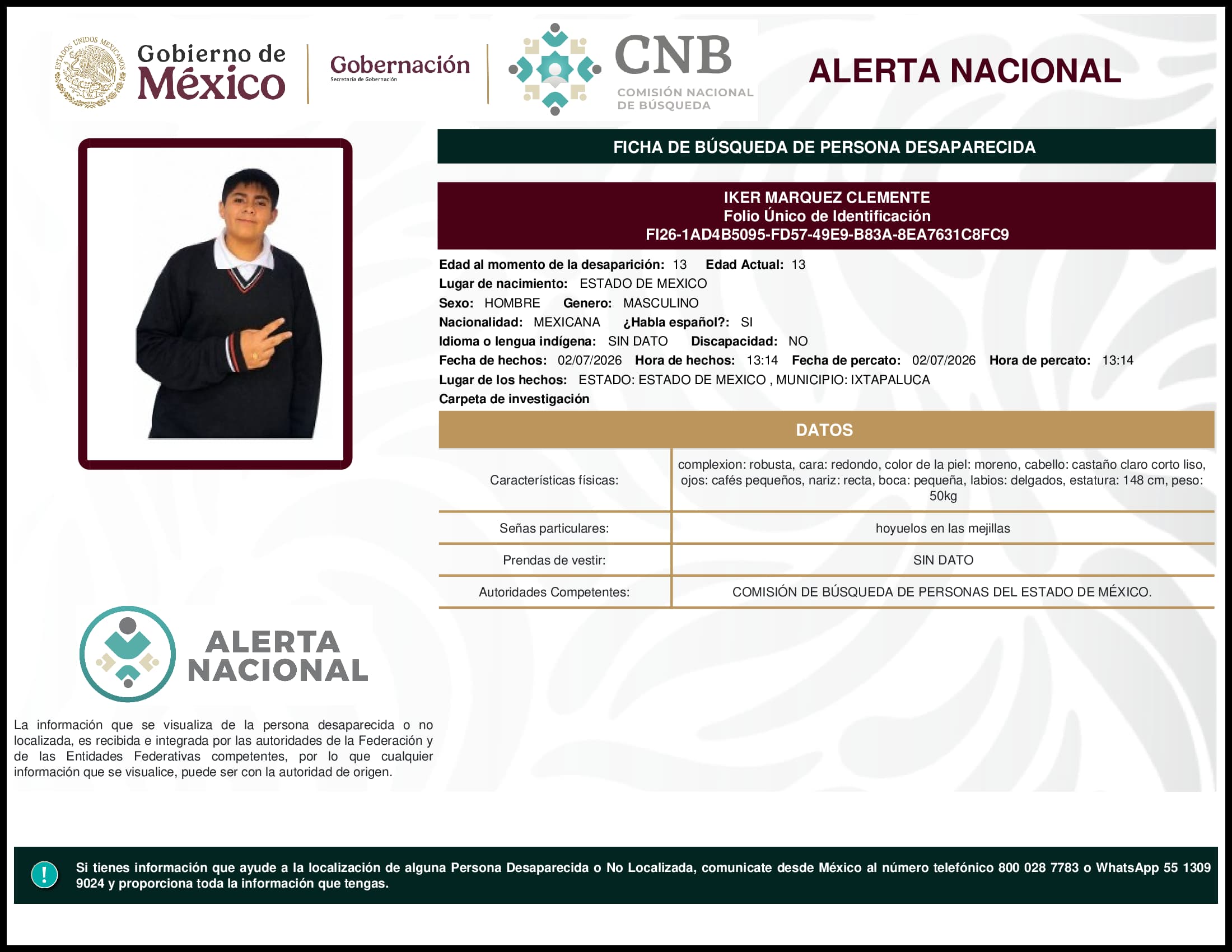 Persona desaparecida Iker Marquez Clemente