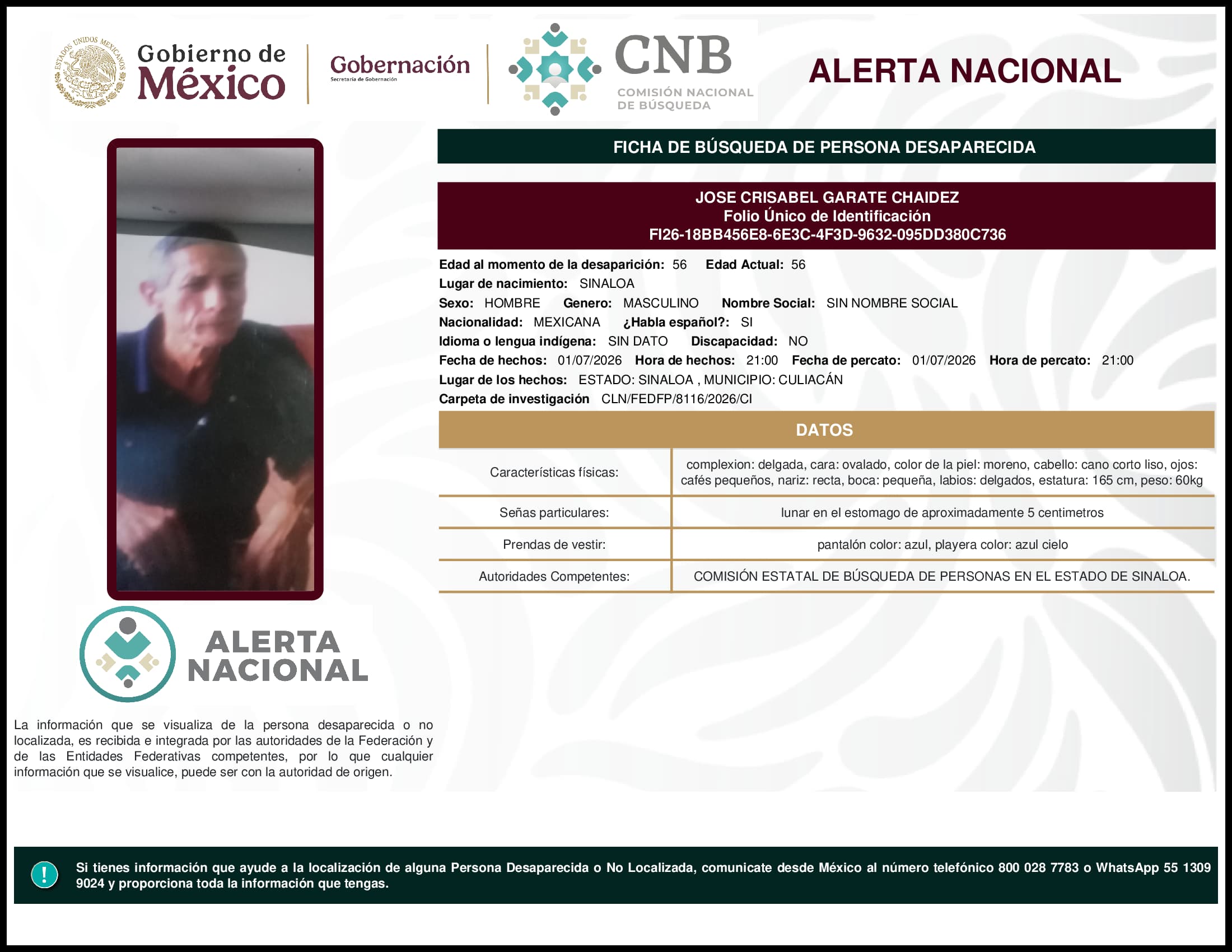 Persona desaparecida Jose Crisabel Garate Chaidez