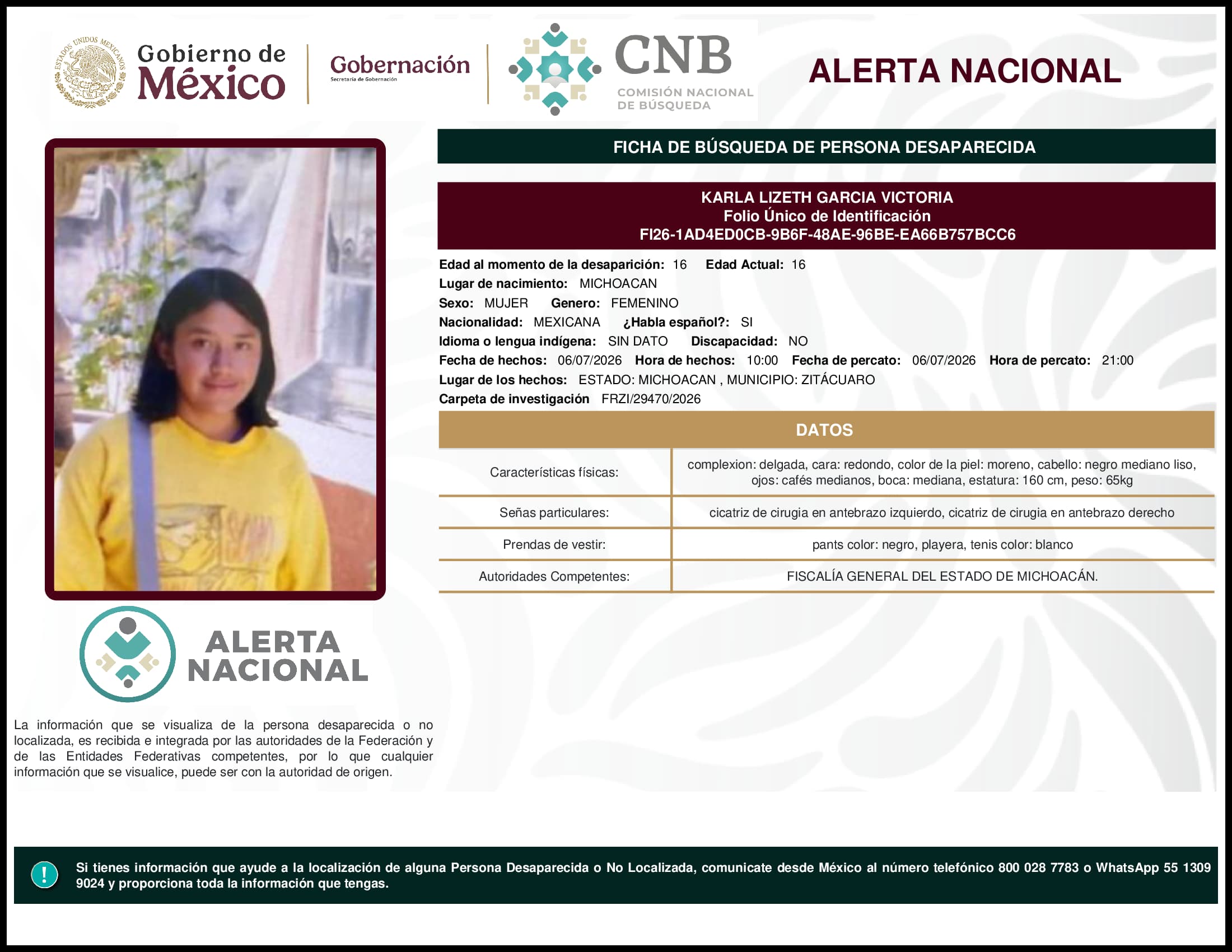 Persona desaparecida Karla Lizeth Garcia Victoria