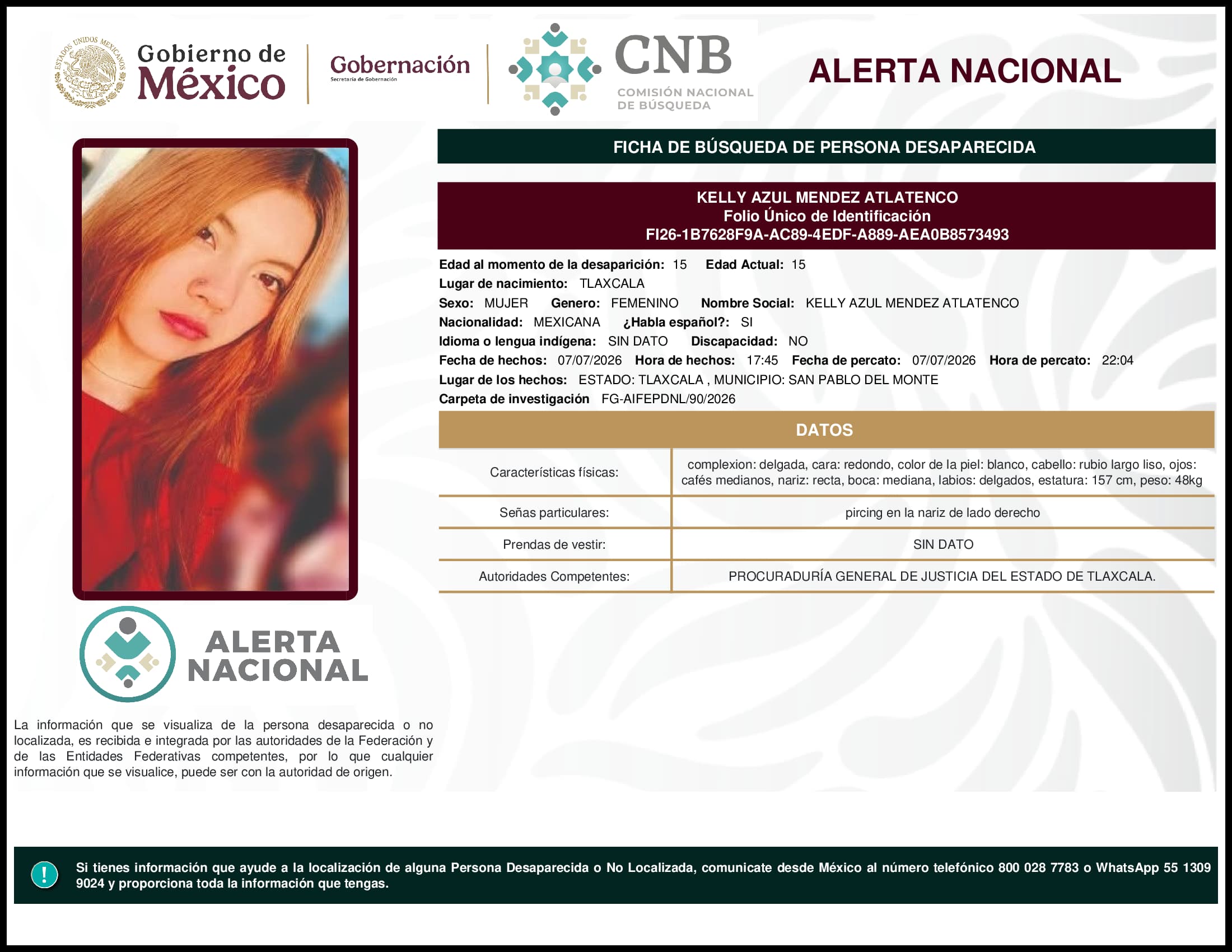Persona desaparecida Kelly Azul Mendez Atlatenco