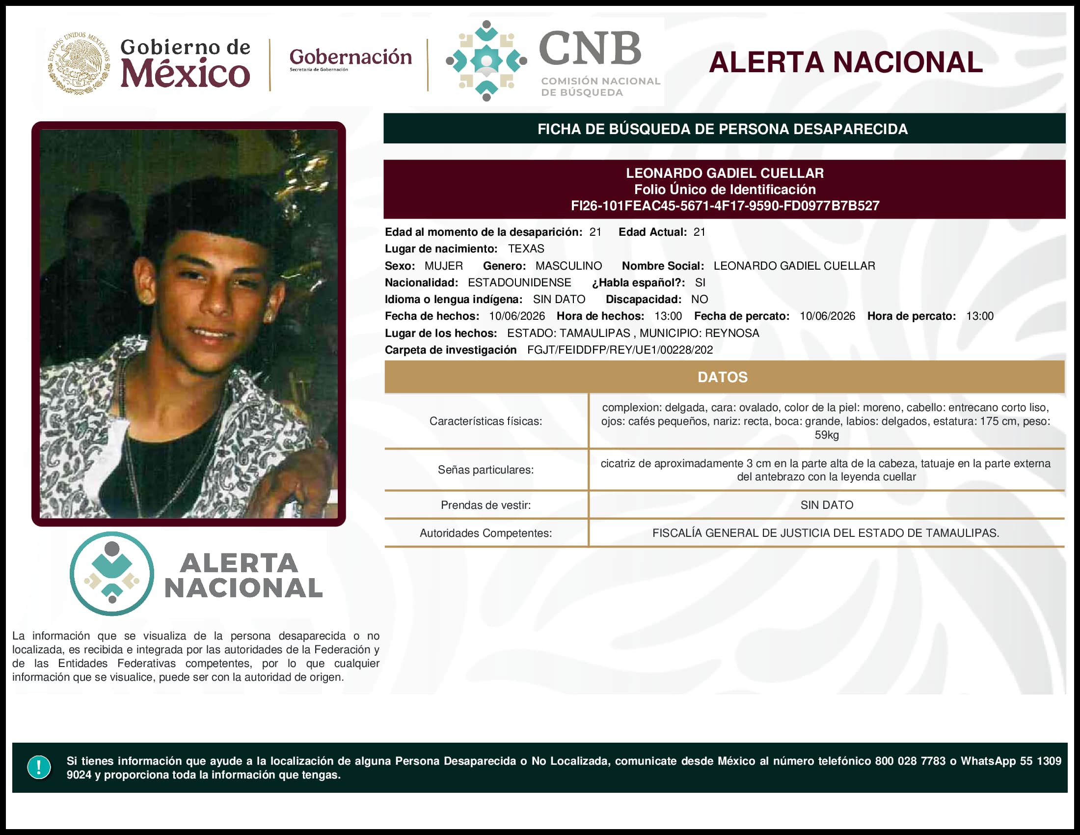 Persona desaparecida Leonardo Gadiel Cuellar