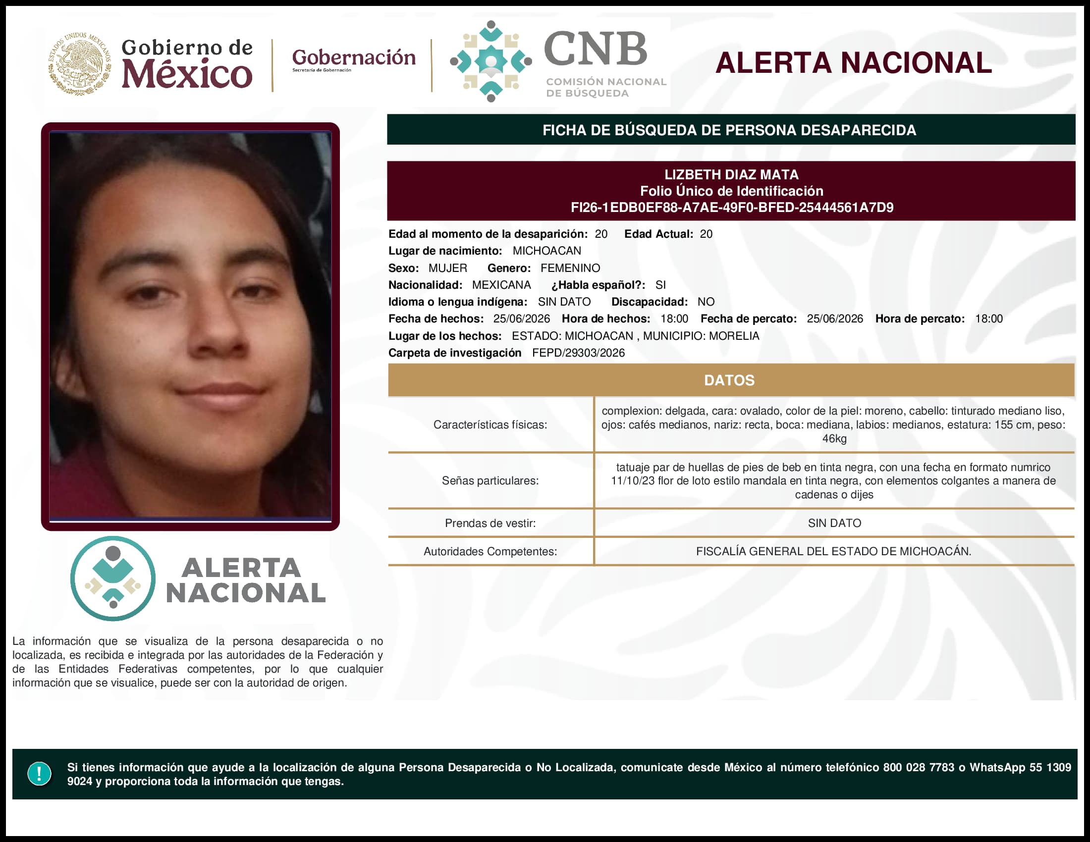 Persona desaparecida Lizbeth Diaz Mata