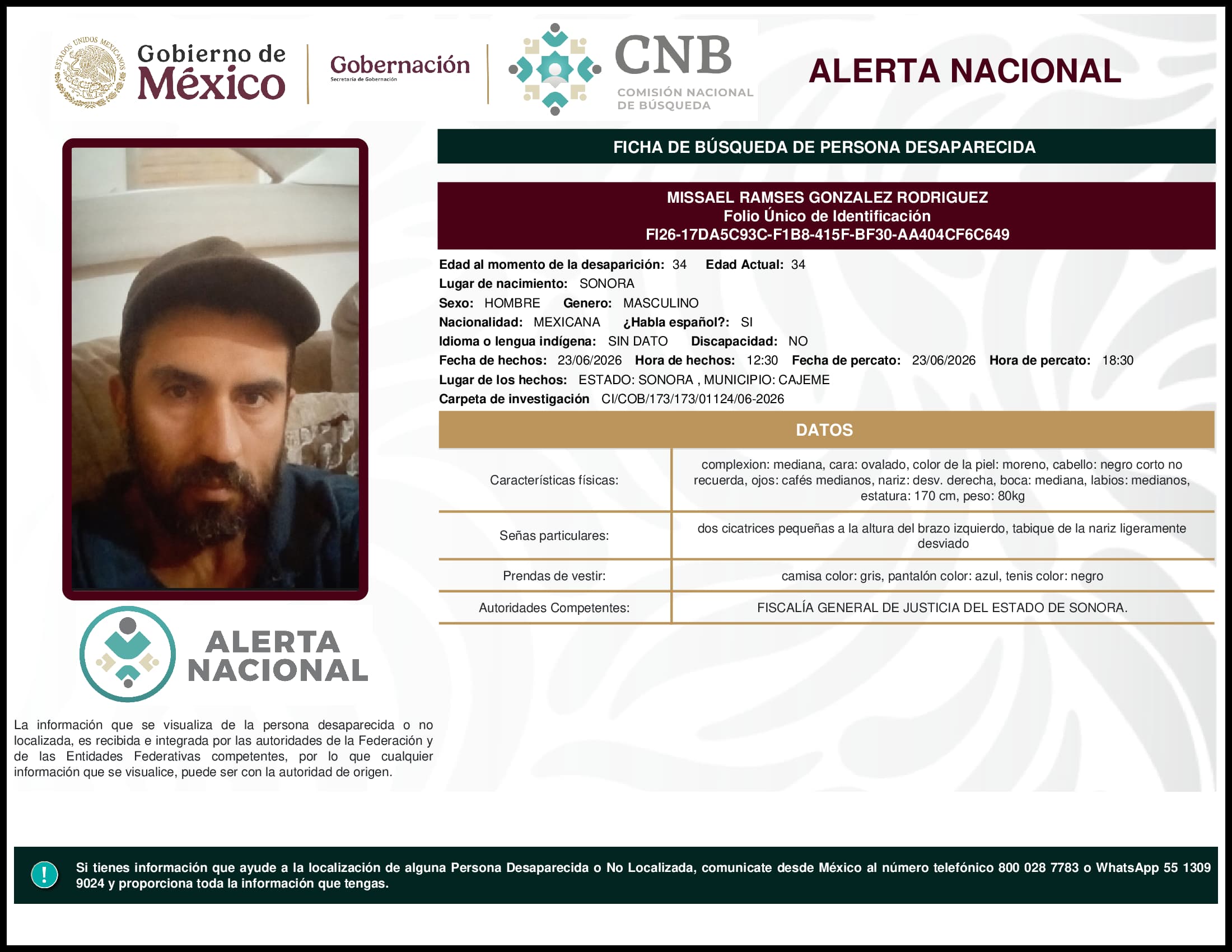 Persona desaparecida Missael Ramses Gonzalez Rodriguez