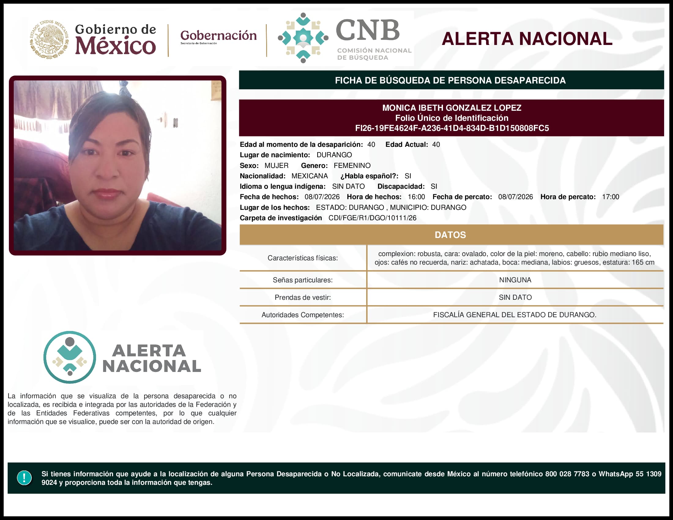 Persona desaparecida Monica Ibeth Gonzalez Lopez