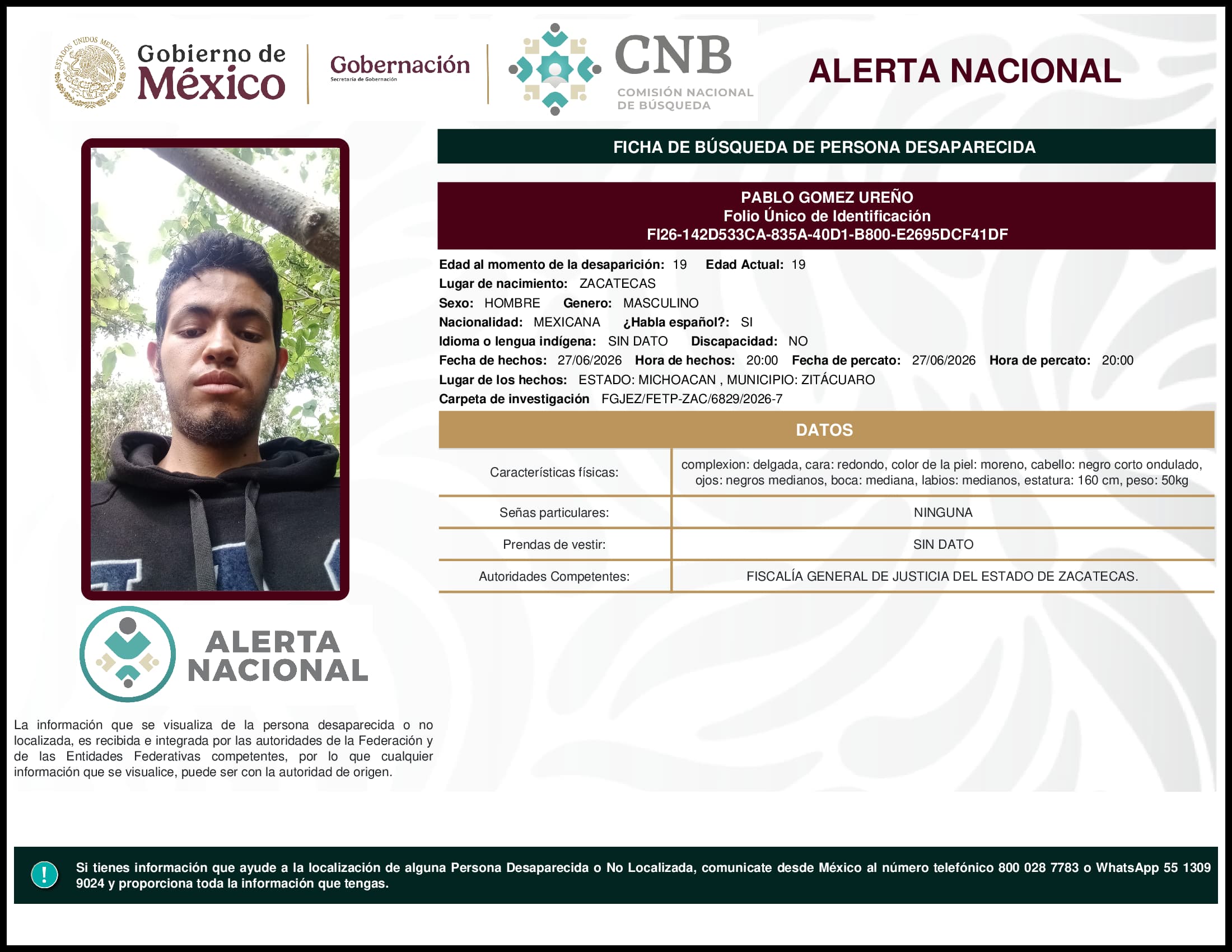 Persona desaparecida Pablo Gomez Ureno