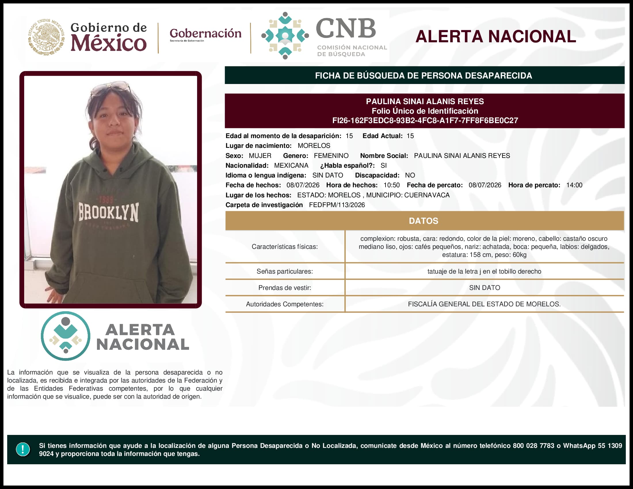 Persona desaparecida Paulina Sinai Alanis Reyes