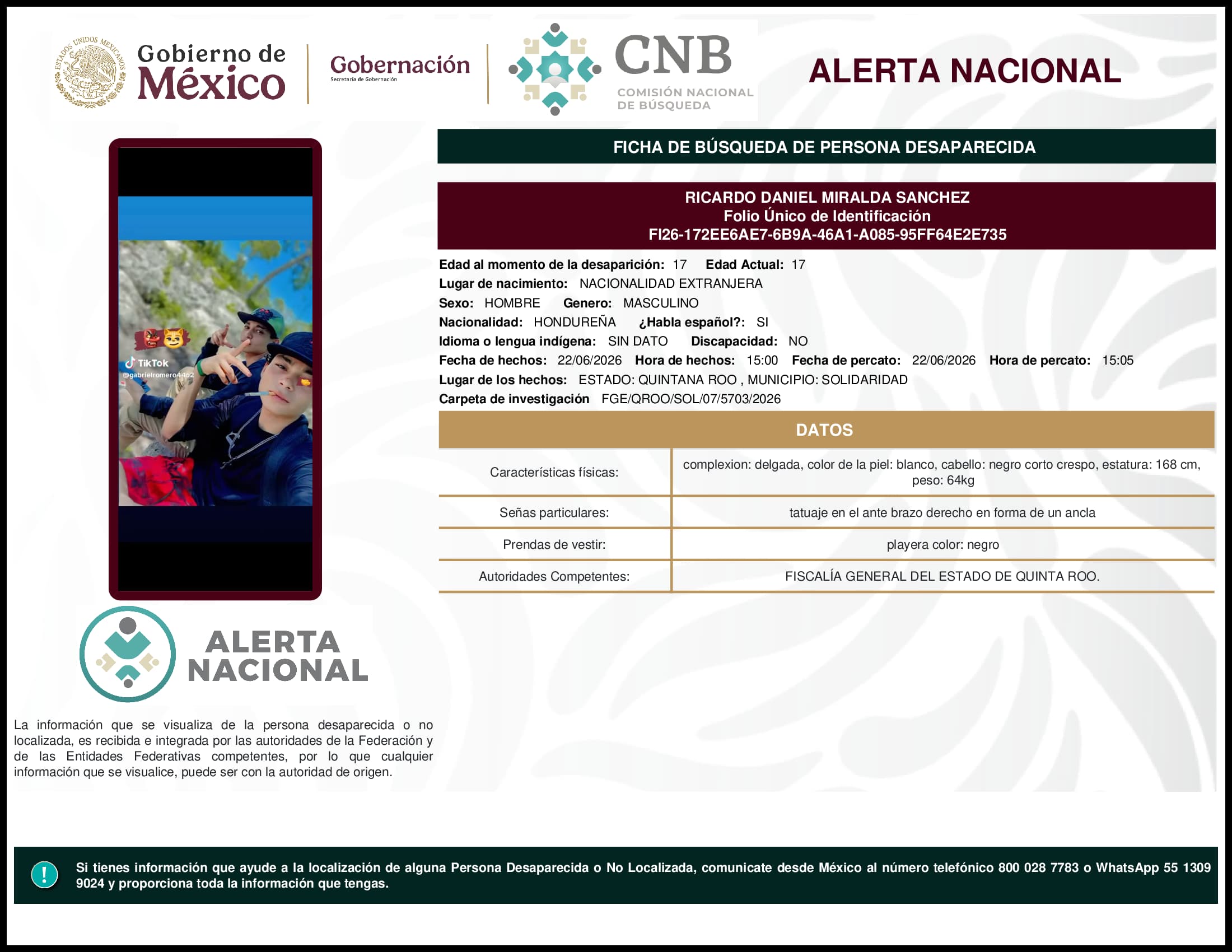Persona desaparecida Ricardo Daniel Miralda Sanchez