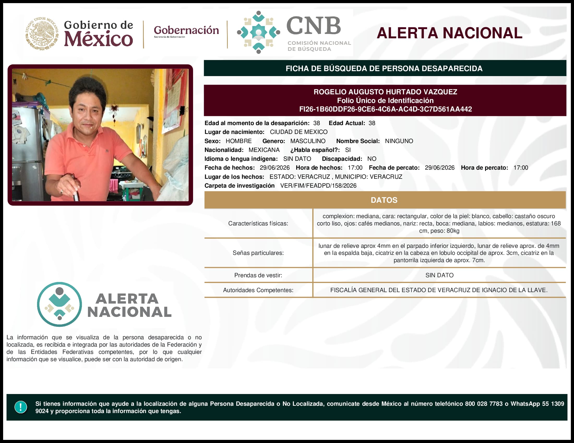 Persona desaparecida Rogelio Augusto Hurtado Vazquez