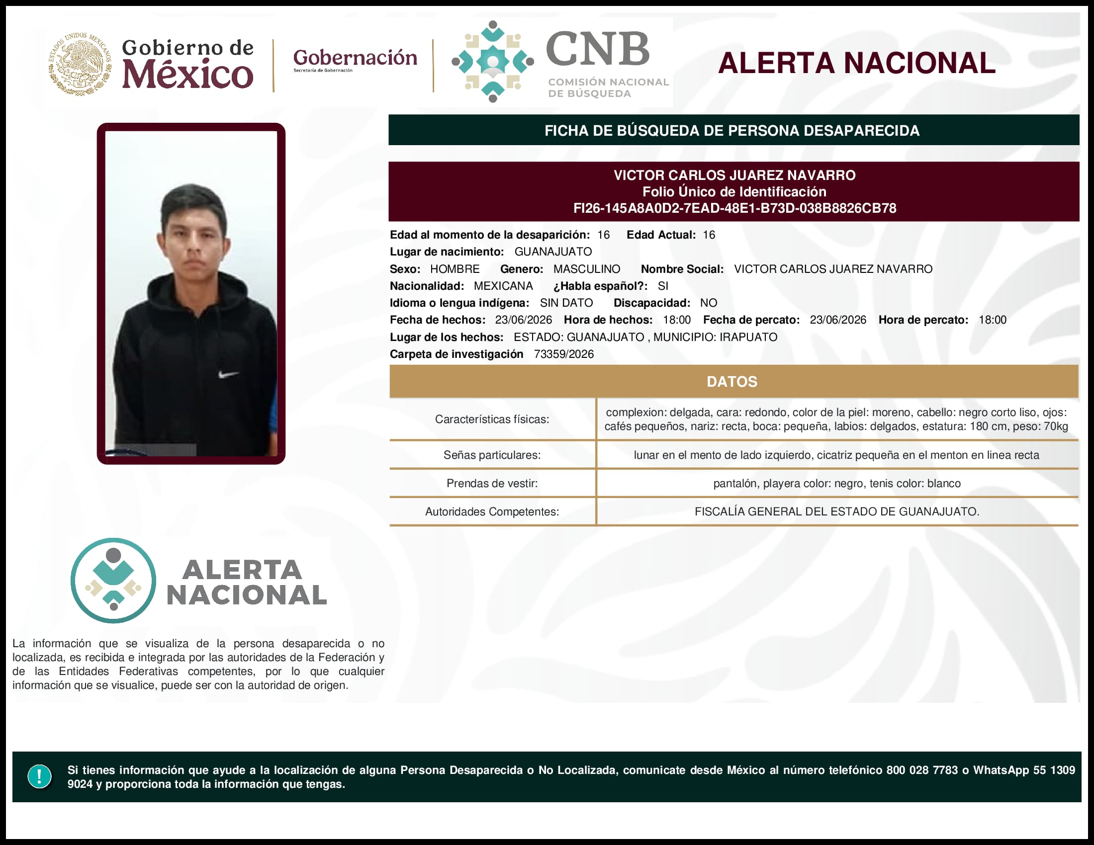 Persona desaparecida Victor Carlos Juarez Navarro
