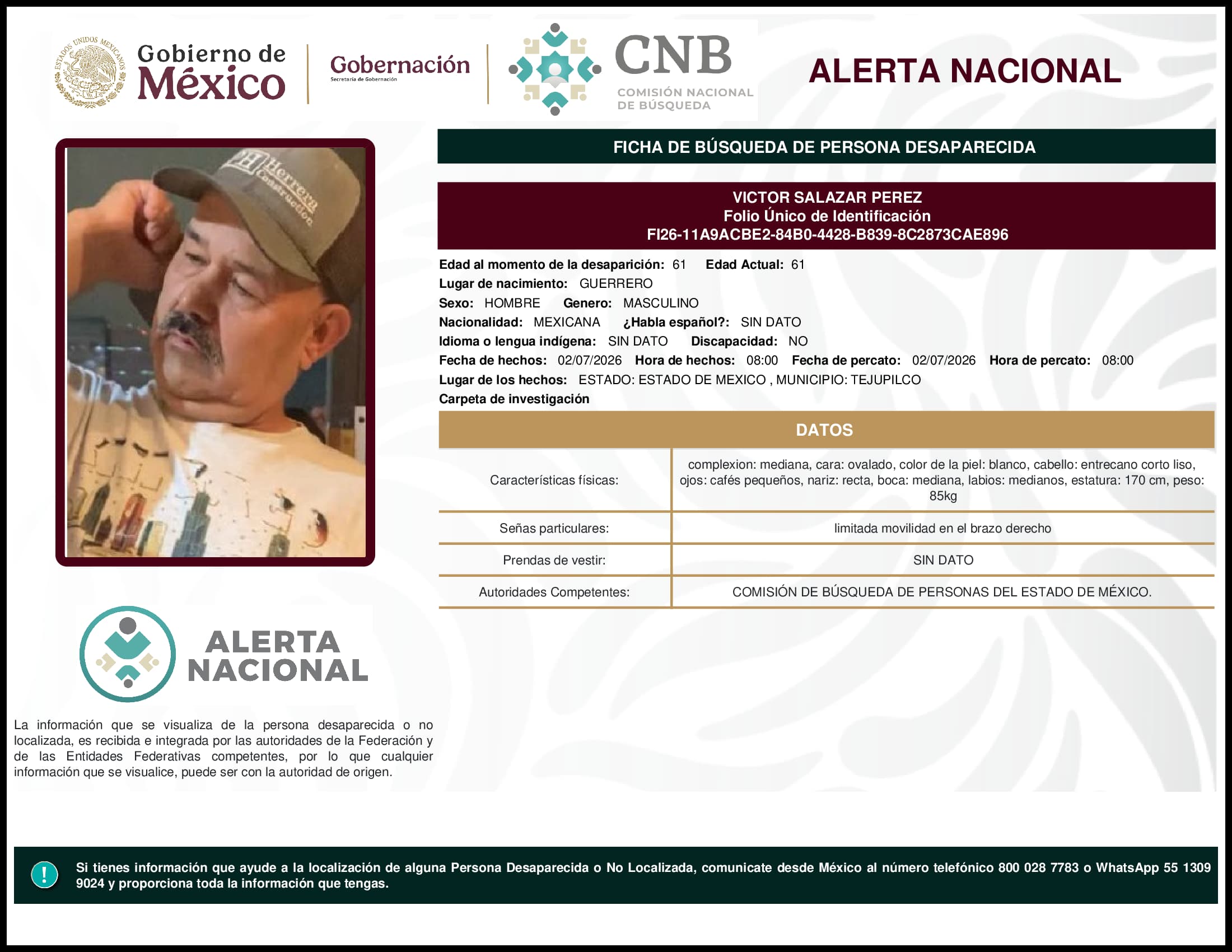Persona desaparecida Victor Salazar Perez