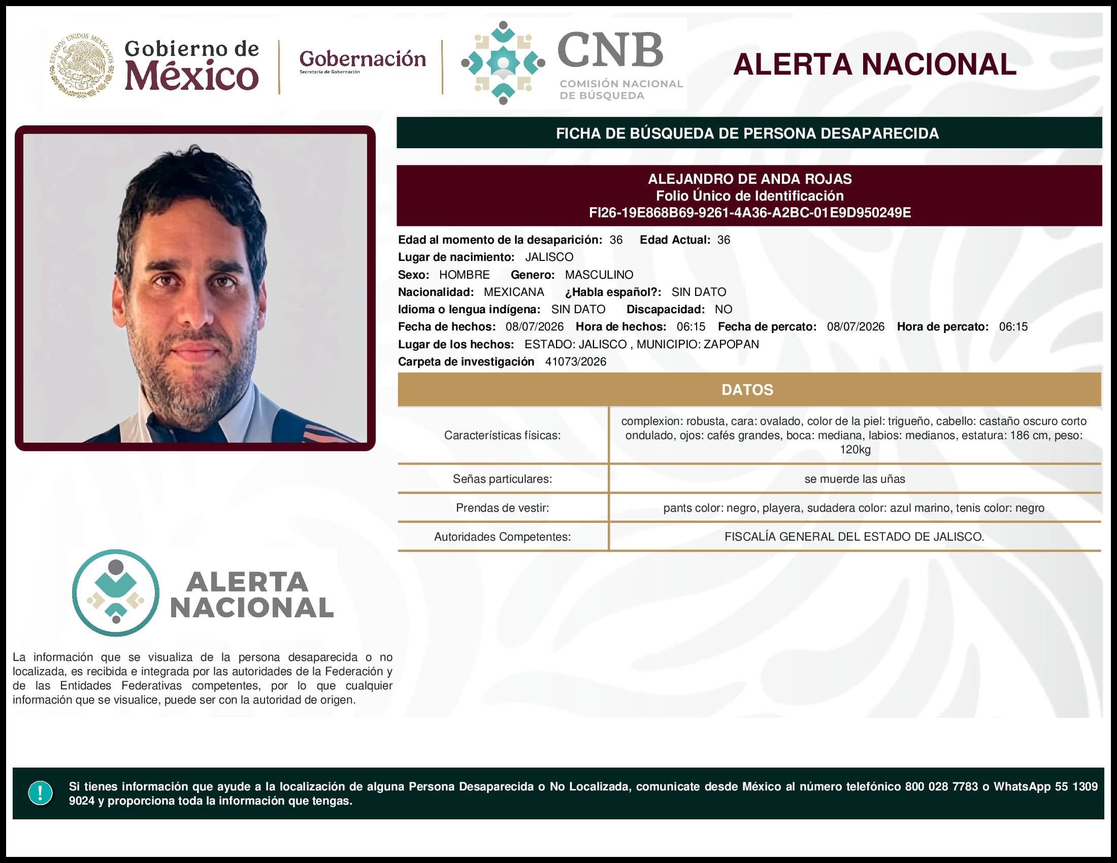 Persona desaparecida Alejandro De Anda Rojas