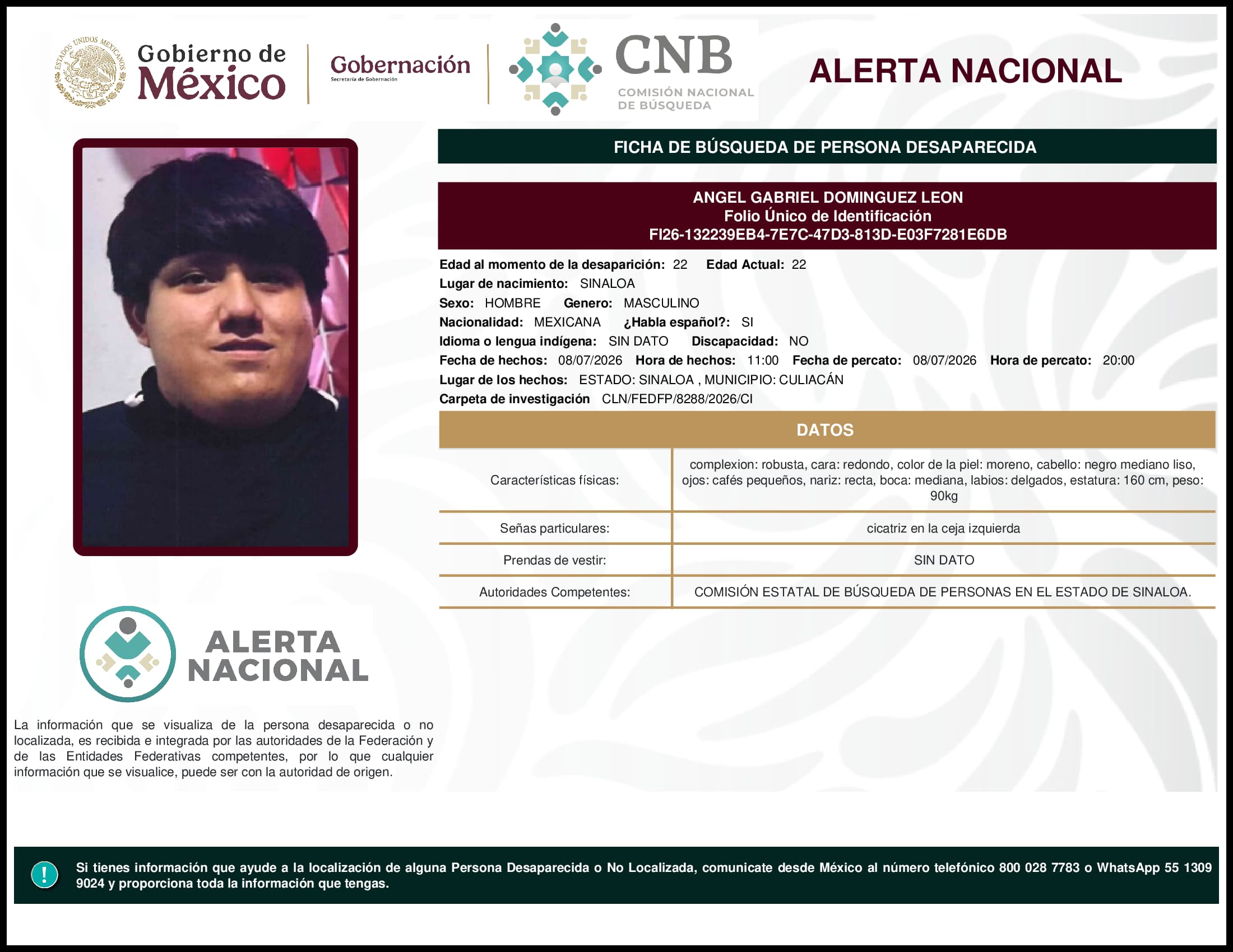 Persona desaparecida Angel Gabriel Dominguez Leon