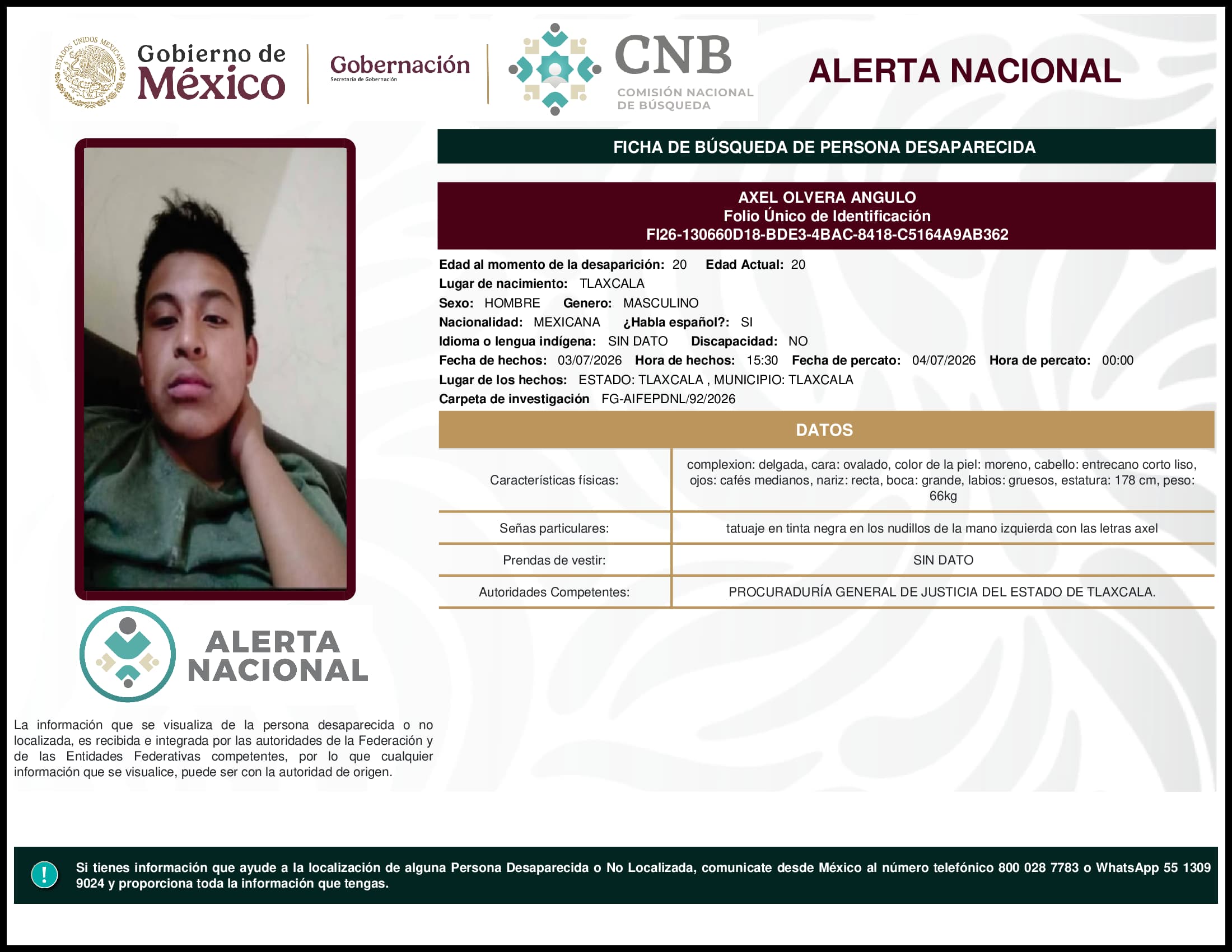 Persona desaparecida Axel Olvera Angulo